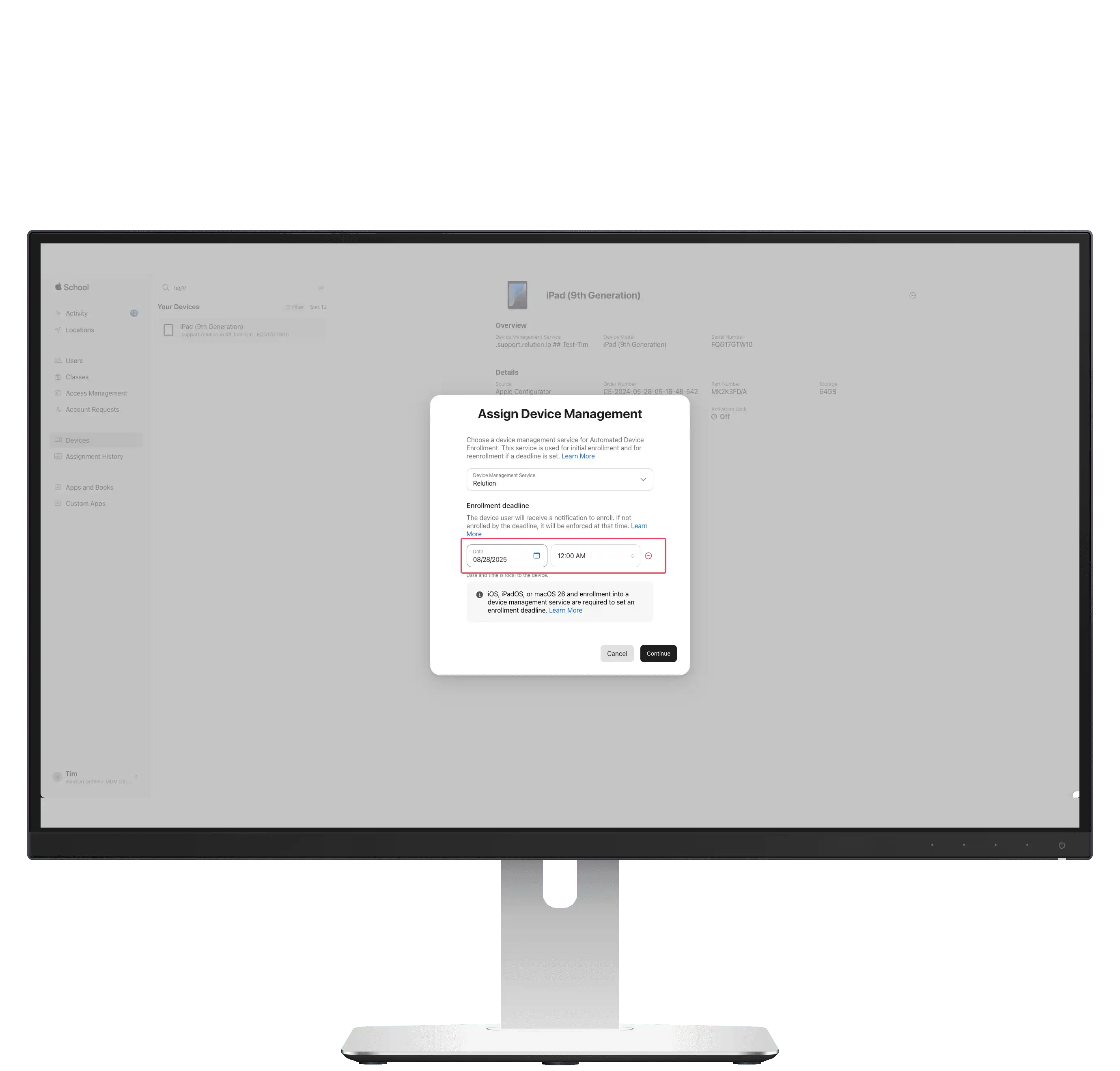 Interface in Apple Business/School Manager showing the option to set a migration deadline for device migration to Relution