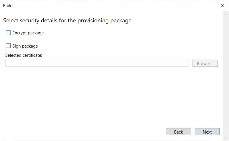 Opzione in Windows Configuration Designer con il prompt « Seleziona i dettagli di sicurezza per il pacchetto di provisioning », che offre una scelta tra « Crittografa pacchetto » o « Firma pacchetto » e mostra « Certificato selezionato »
