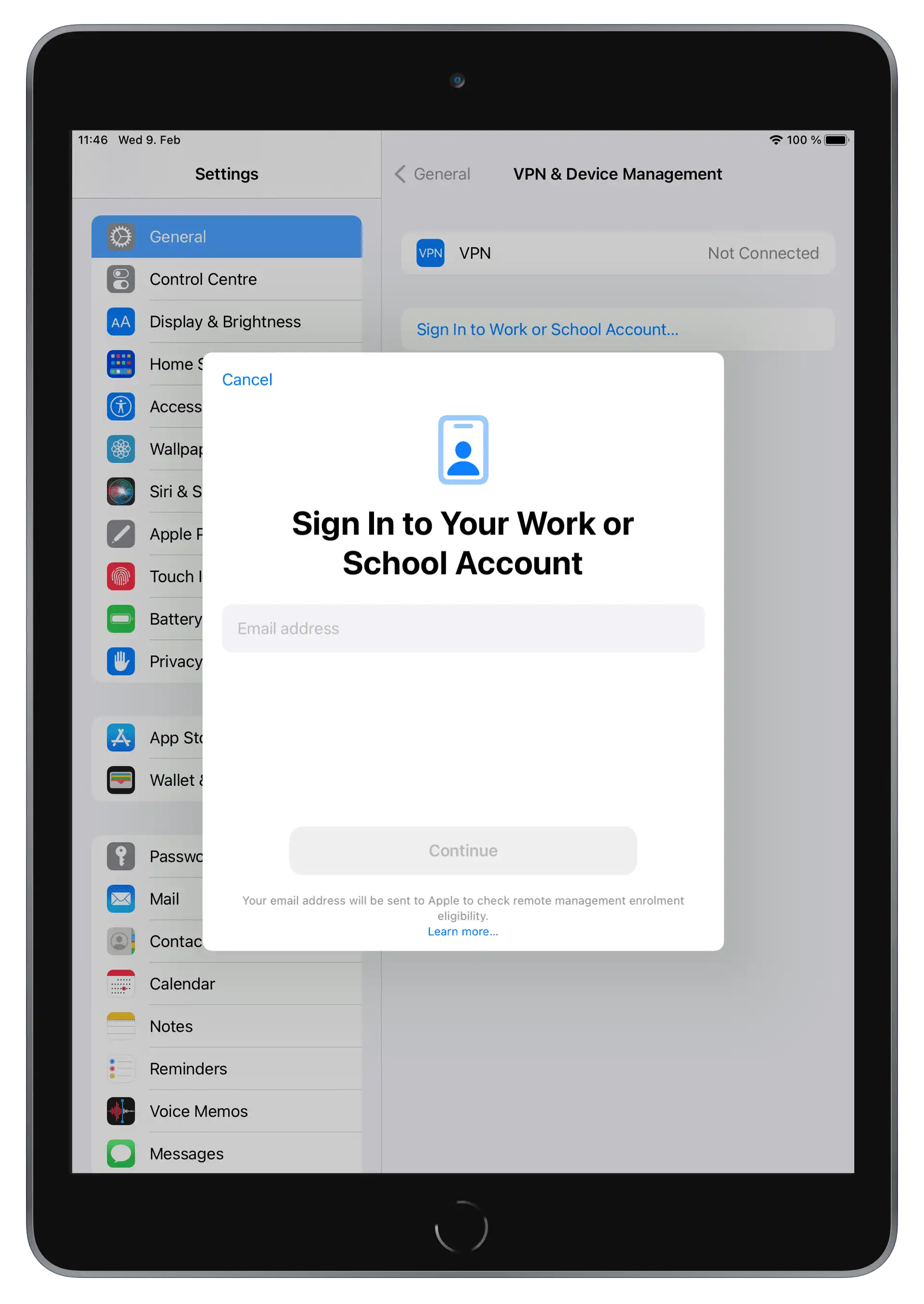 Registrazione di un dispositivo privato utilizzando la funzionalità « Accedi con un account di lavoro o scuola… » nelle impostazioni Mac con registrazione automatica in Relution