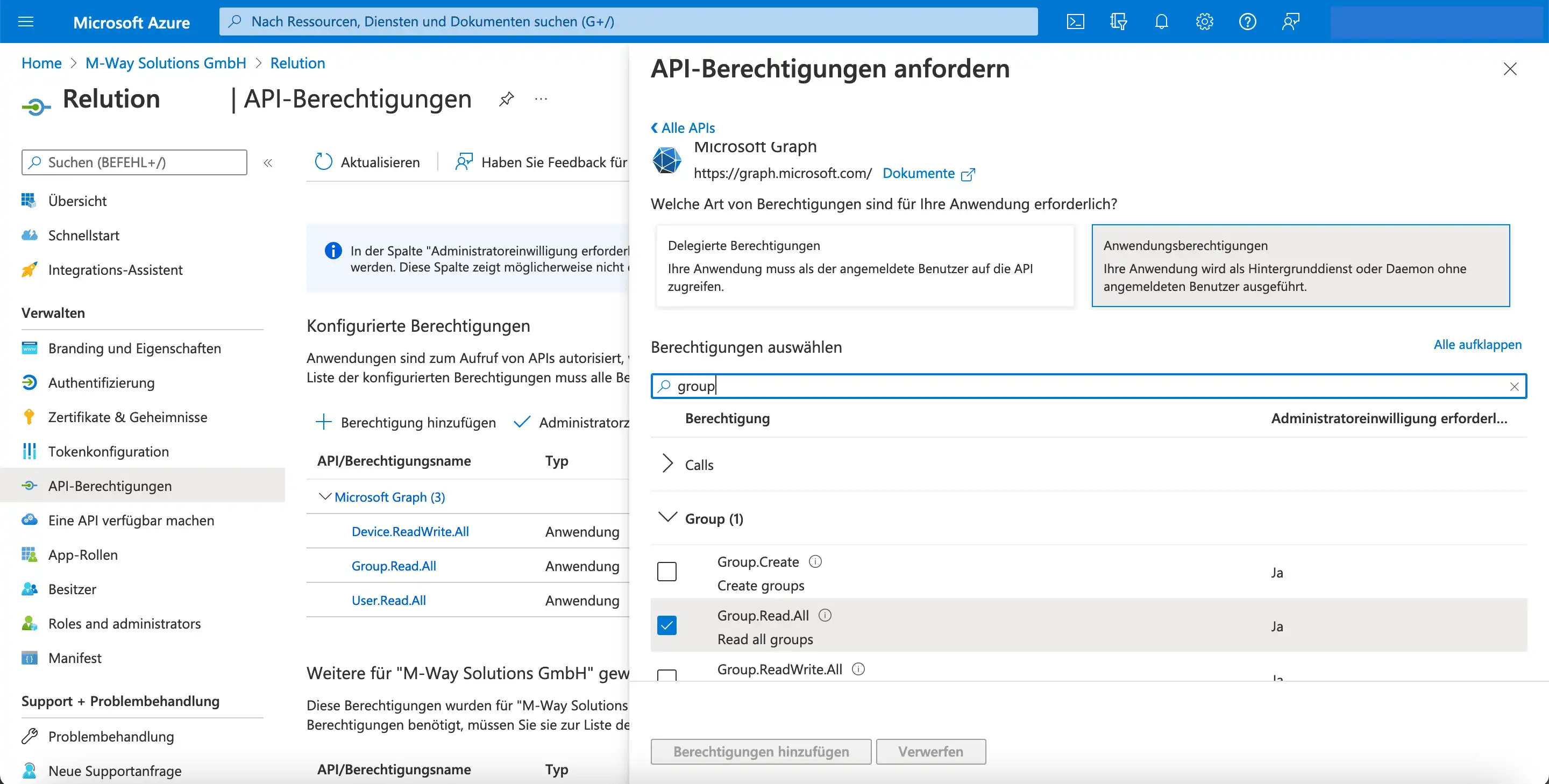 Einstellungsansicht in Microsoft Azure mit der Auswahl „Group.Read.All“ unter „Group“ im Bereich der API-Berechtigungen