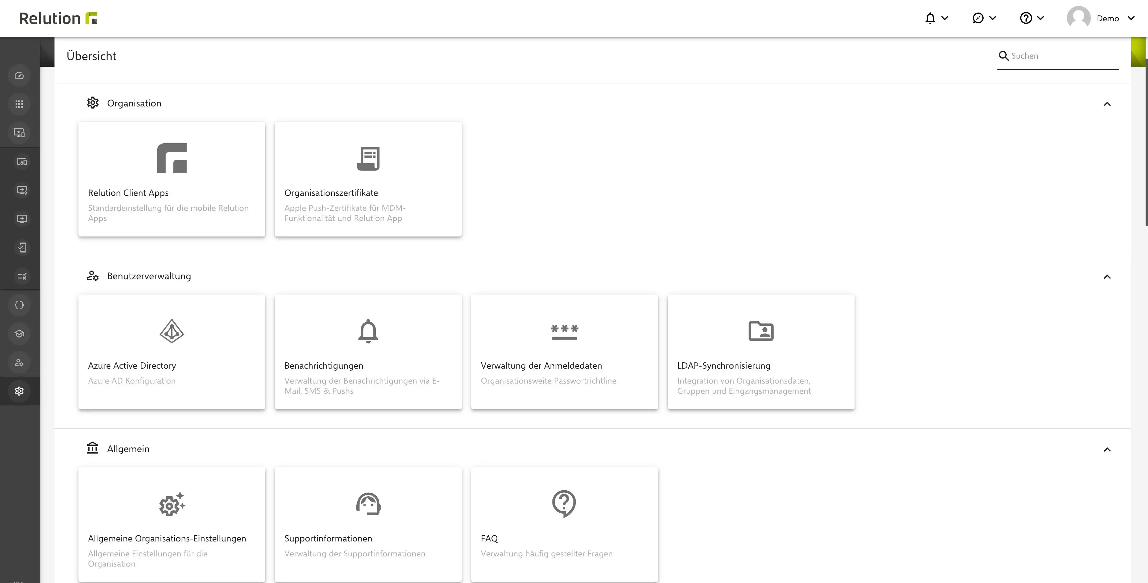 Neue Benutzeroberfläche im Relution Portal mit überarbeiteter Suchfunktion und größeren Icons für bessere Orientierung