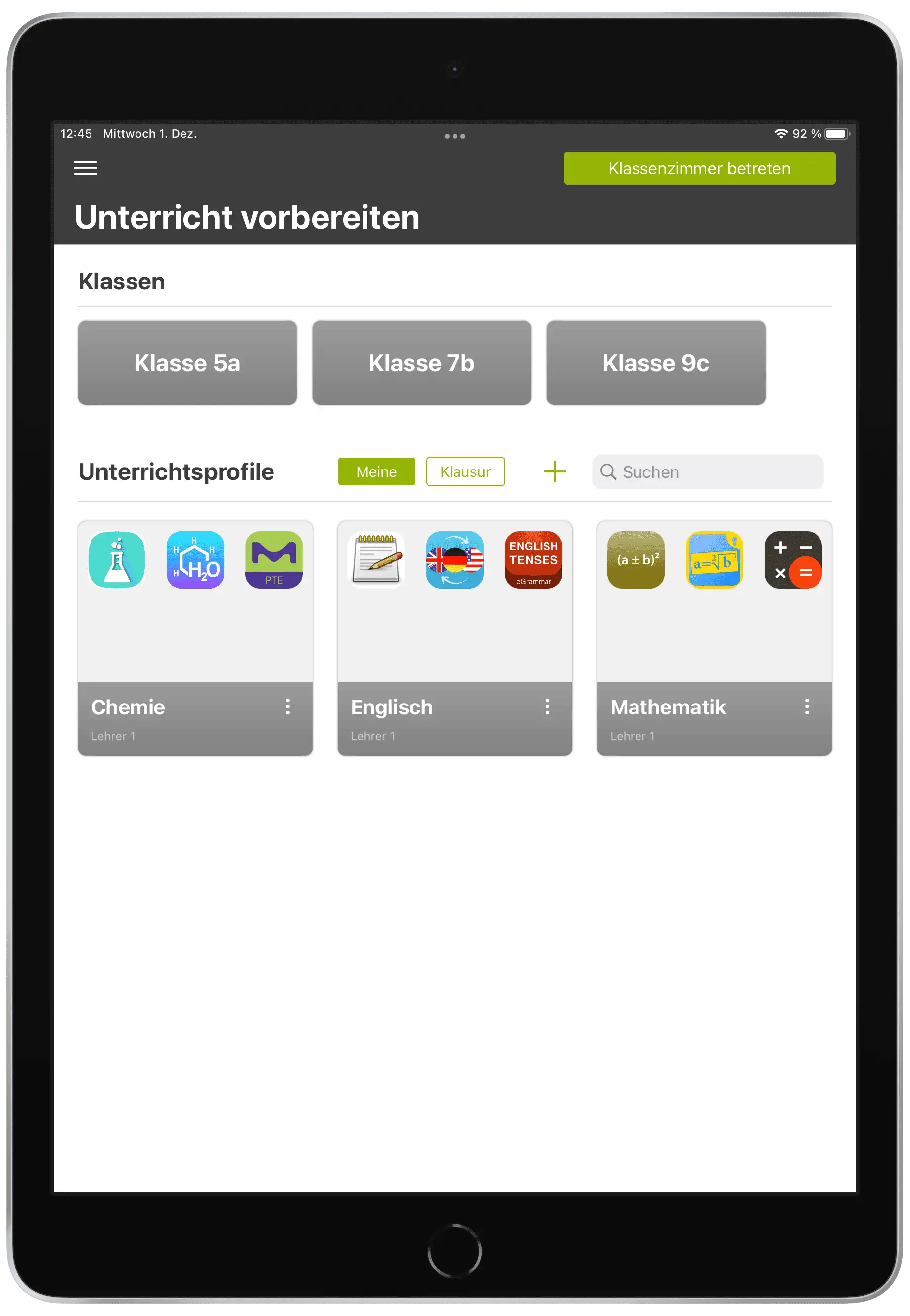 Übersicht in der Relution Teacher App mit automatisch zugeordneten Klassen auf dem Lehrergerät