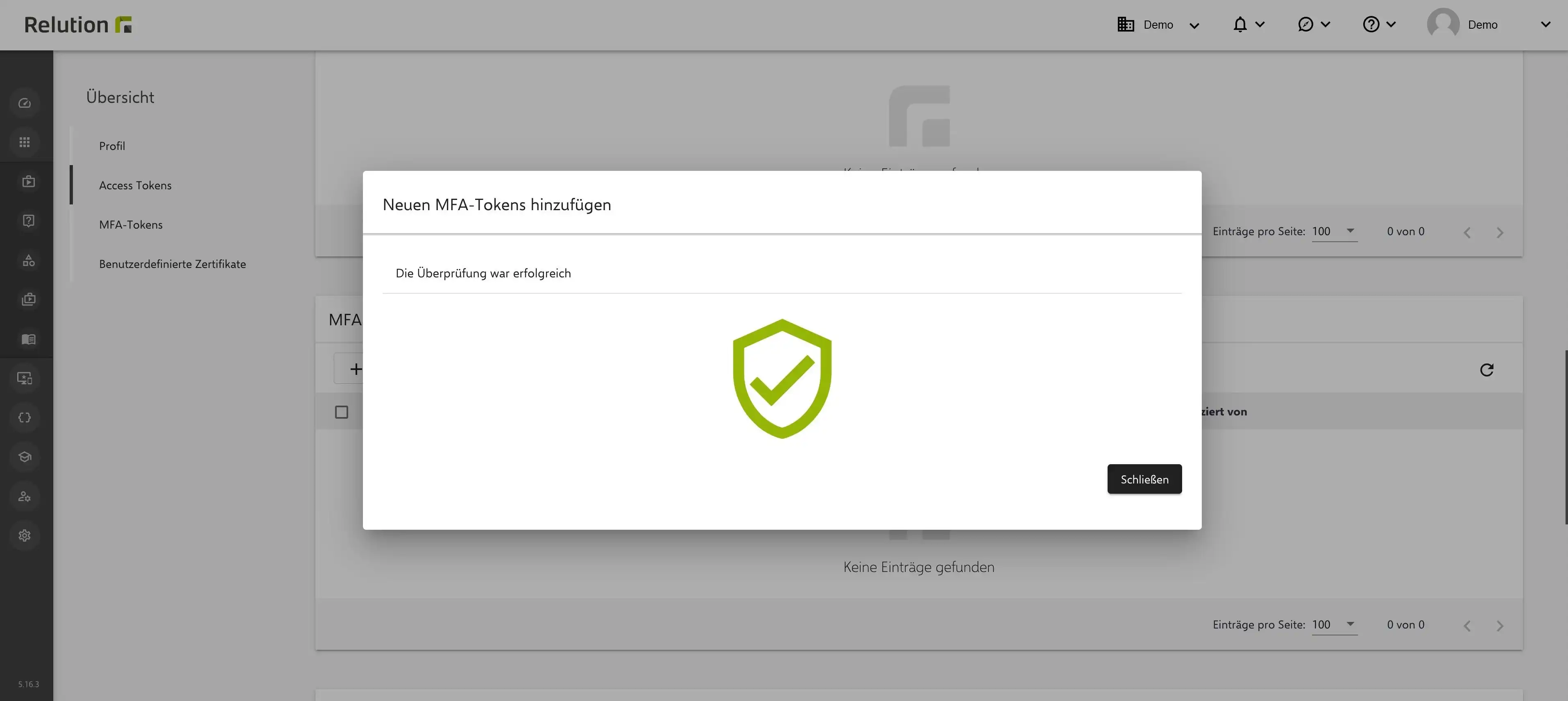 Anzeige in Relution zur erfolgreichen Überprüfung nach Hinzufügen eines neuen MFA-Tokens