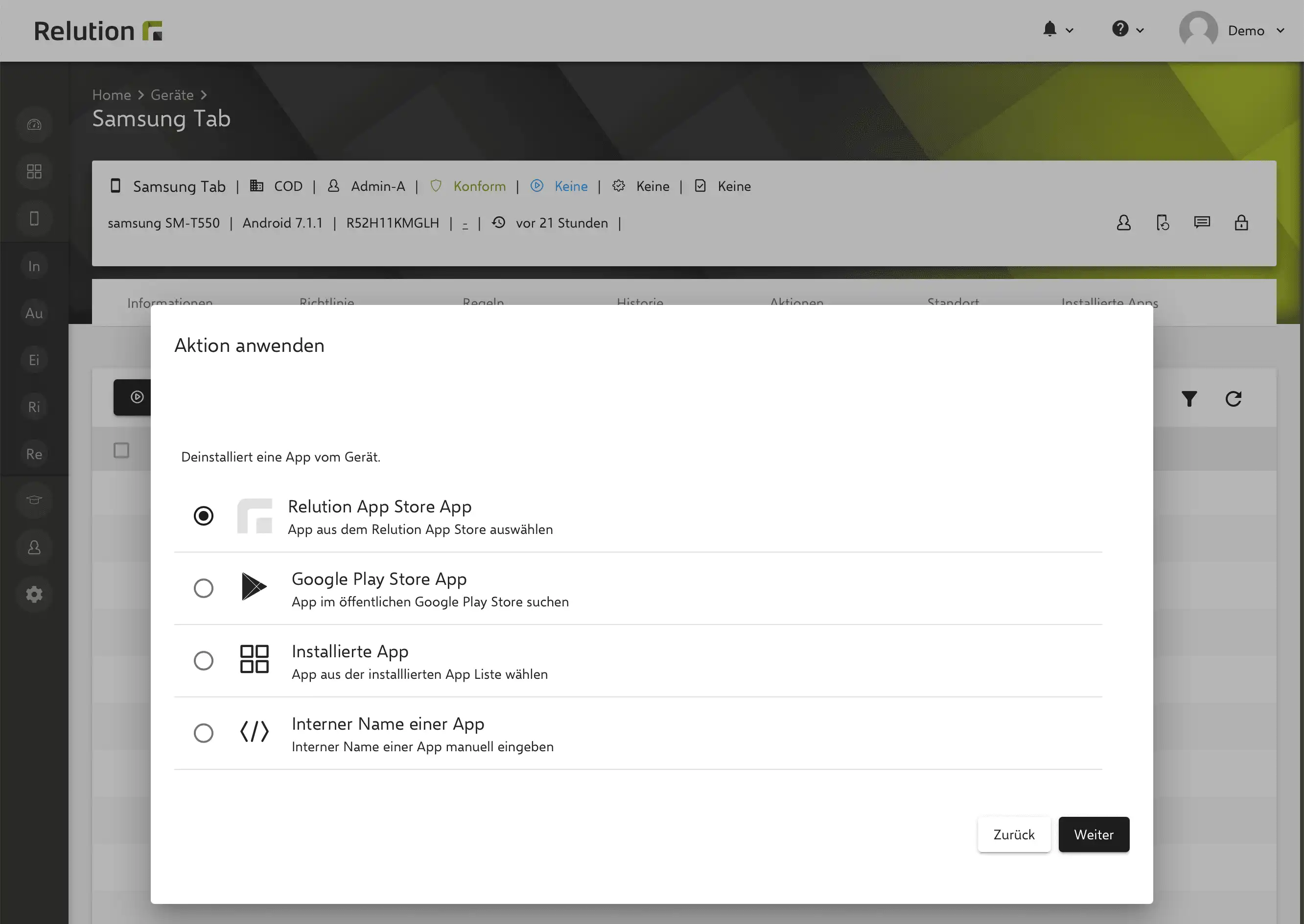 Auswahlmöglichkeiten in den Gerätedetails von Relution für die Aktion „App entfernen“, einschließlich der Option „Google Play Store App“