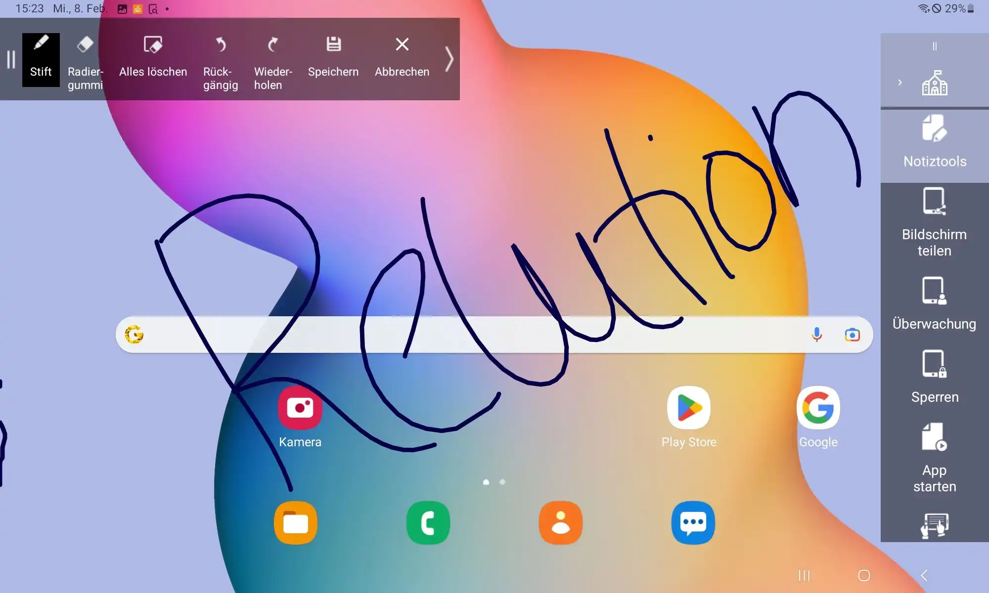 Notiztool auf dem Lehrertablet mit der Möglichkeit, Bildschirmnotizen direkt auf Unterrichtsmaterialien zu erstellen und als Screenshot zu speichern