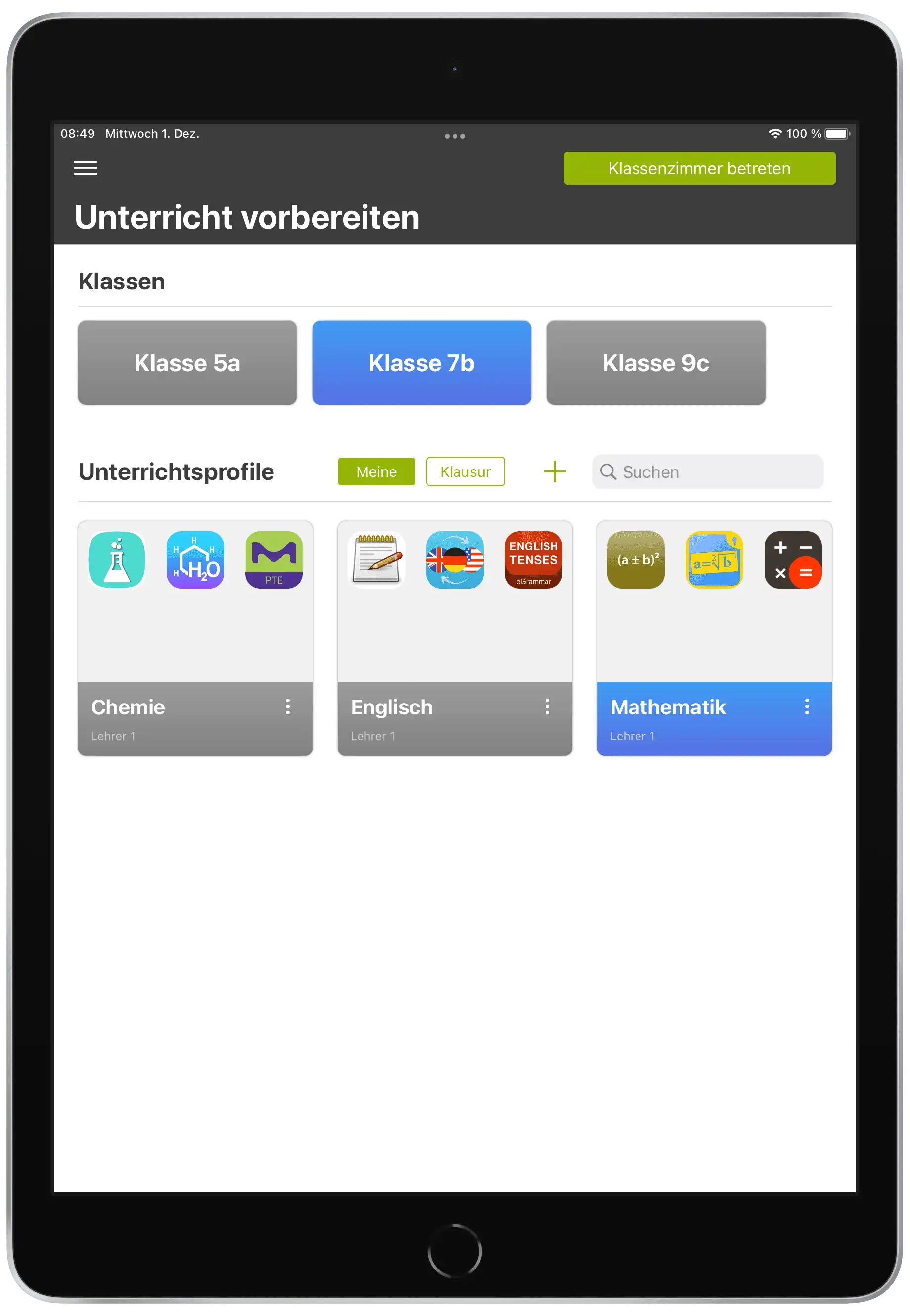 Darstellung in der Relution Teacher App mit ausgewähltem Unterrichtsprofil und der Schaltfläche „Klassenzimmer betreten“ zum Starten des virtuellen Unterrichts