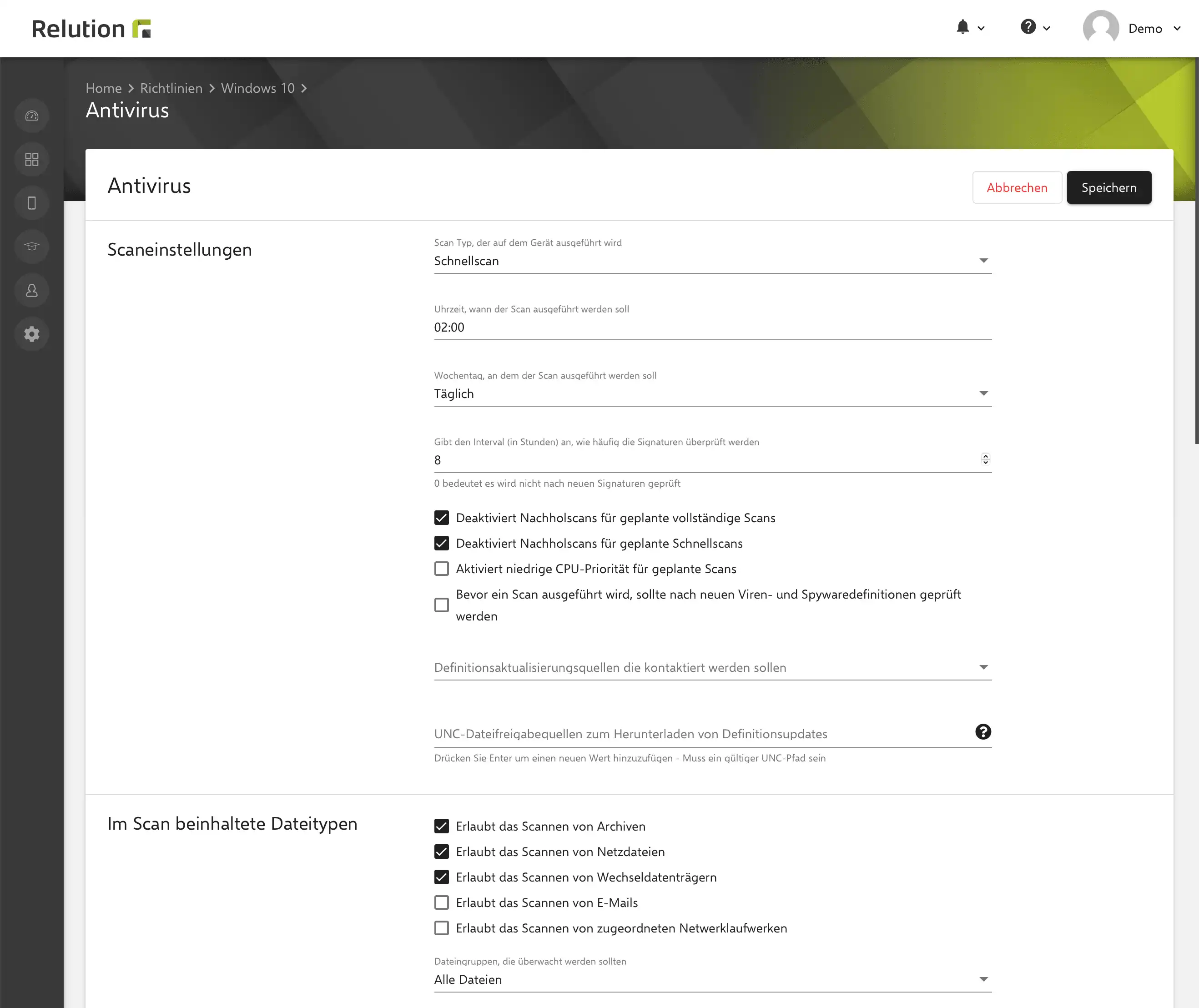 Einstellungsübersicht in Relution zur Verwaltung von Antivirus-Konfigurationen auf Windows 10-Geräten, einschließlich Scan-Einstellungen, Dateityp-Regeln und Bedrohungsmanagement-Optionen