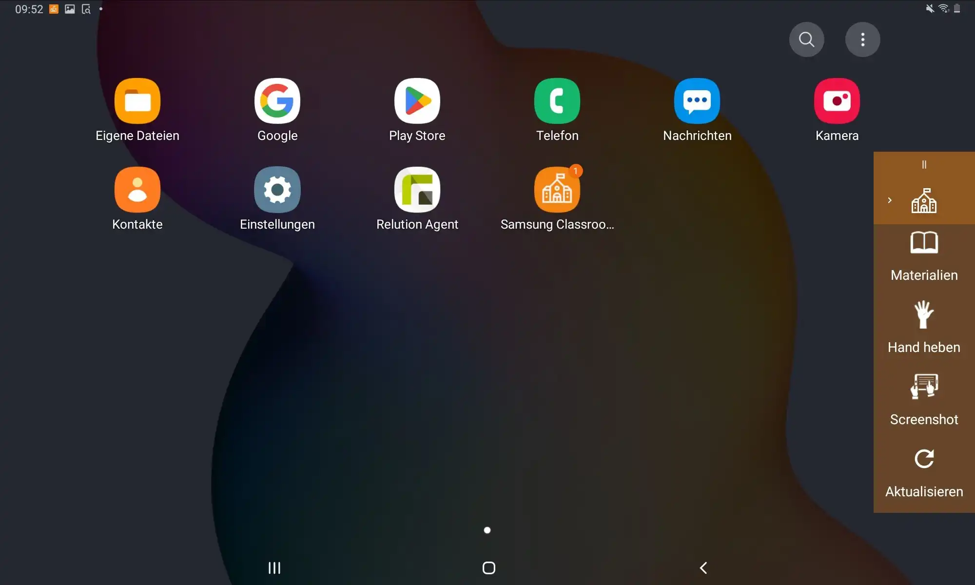 Menüleiste auf Schülergeräten mit Funktionen der Samsung Classroom Management App, die durch das Schulgebäude-Symbol minimiert und erweitert werden kann