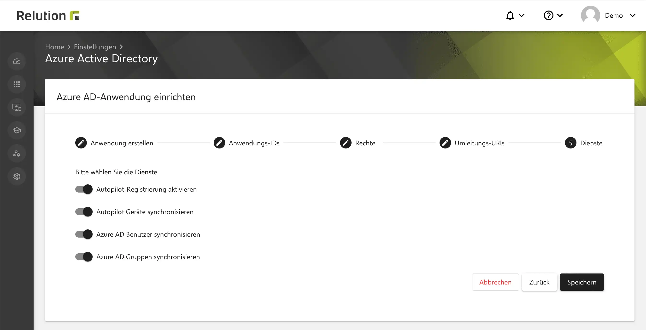 Übersichtsseite in Relution mit Optionen zur Aktivierung der Gerätesynchronisation und Windows Autopilot Einschreibungen