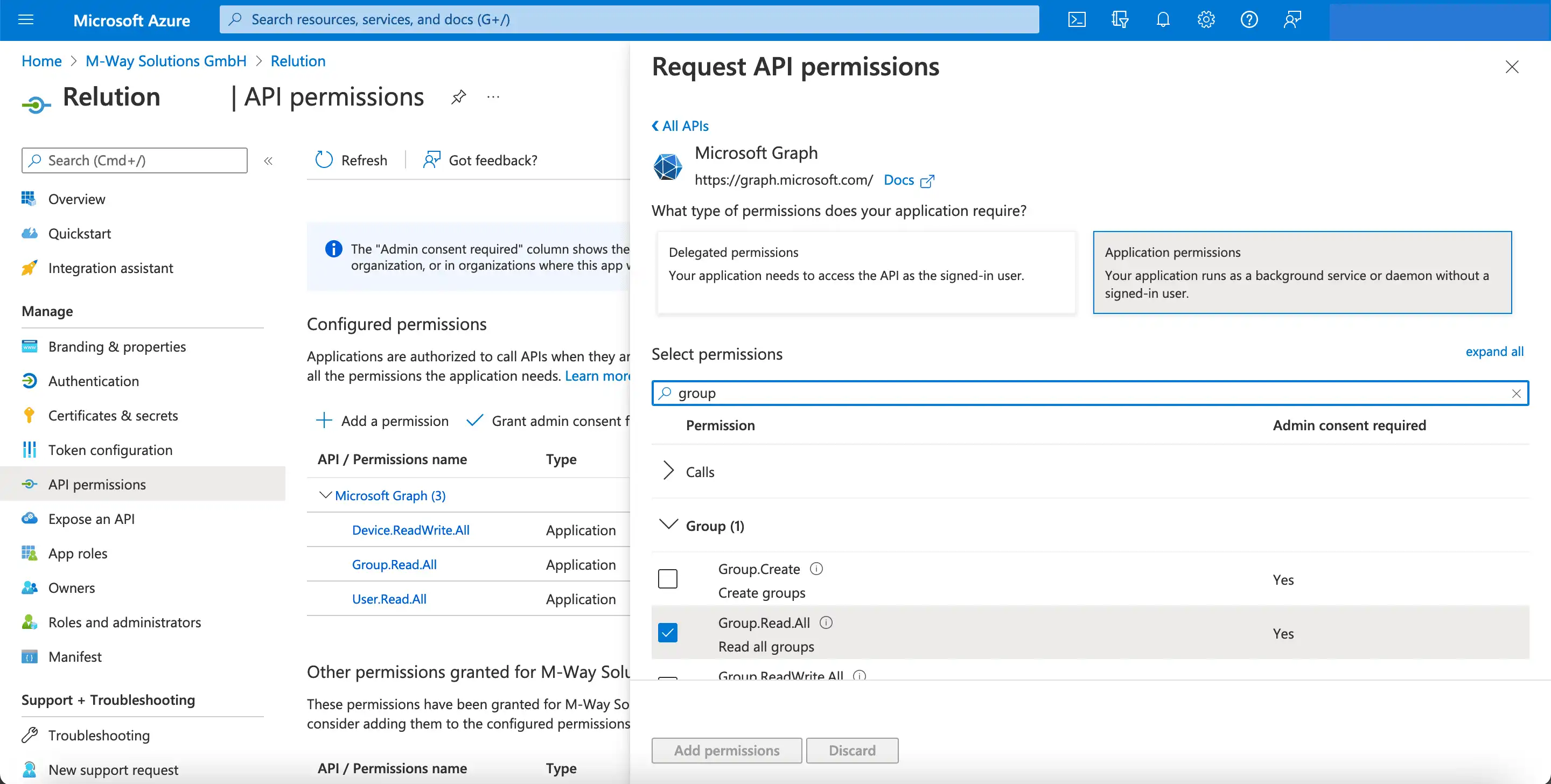 Vista de configuración en Microsoft Azure con la selección de « Group.Read.All » bajo « Group » en la sección de permisos de API