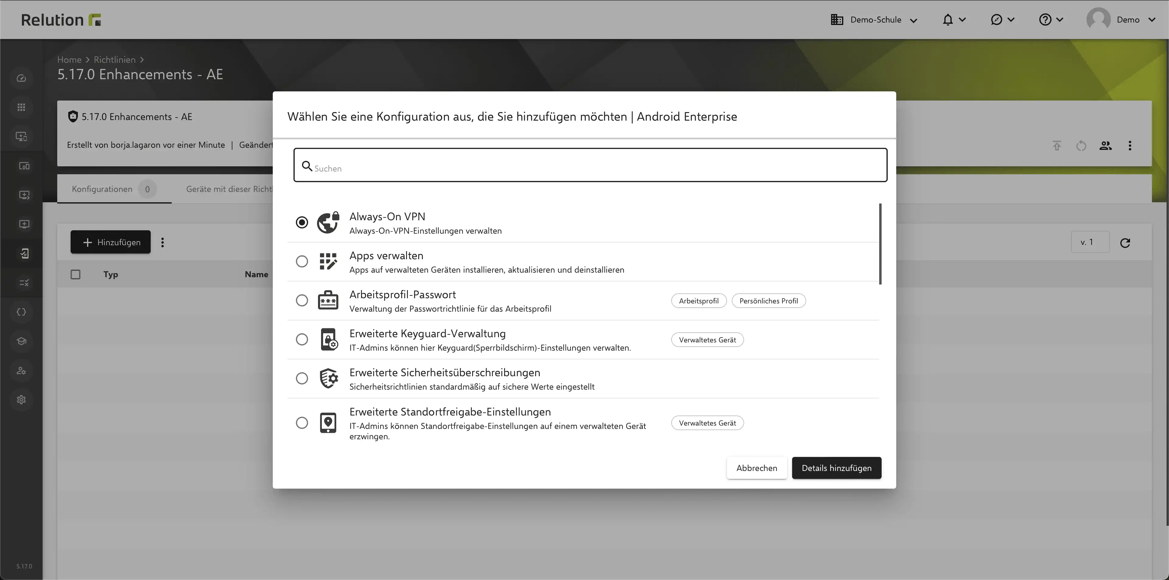 Konfiguration „Always-On VPN“ in Relution zur Erzwingung eines permanenten VPN-Zugangs auf Geräten
