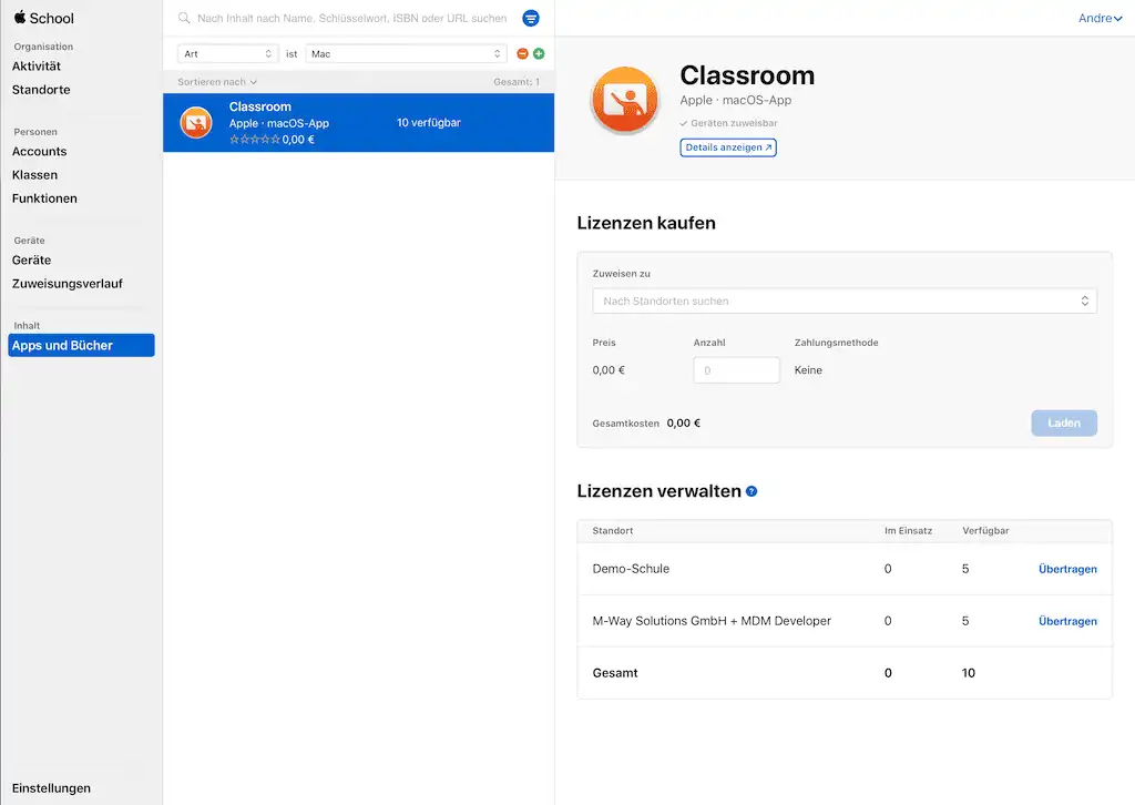Ansicht in Relution zur zentralen Beschaffung und Verteilung von macOS App-Lizenzen über Apple School Manager und das Volume Purchase Program (VPP)