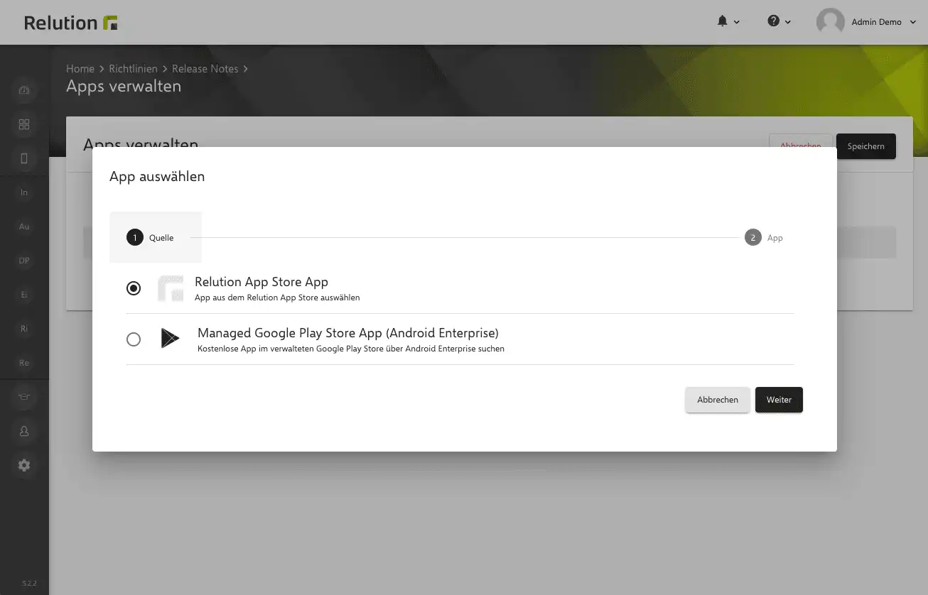 Integration des Managed Google Play Store in Relution zur Auswahl und Zuordnung von öffentlichen Apps, Web-Links oder .apk Dateien über Richtlinien