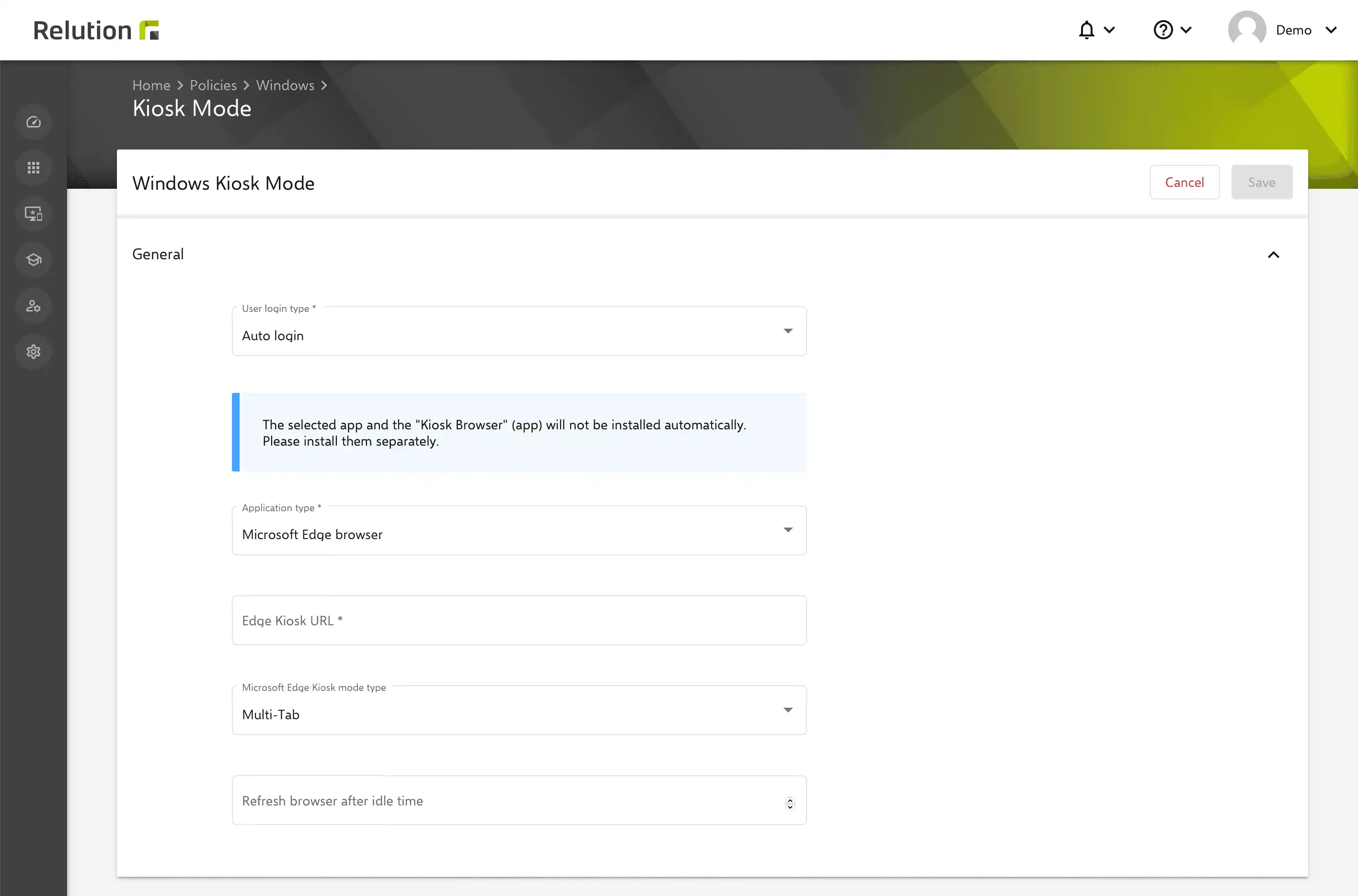 Windows Kiosk Modunun Relution'da otomatik oturum açma veya yerel kullanıcı oturum açma seçenekleriyle yapılandırılması