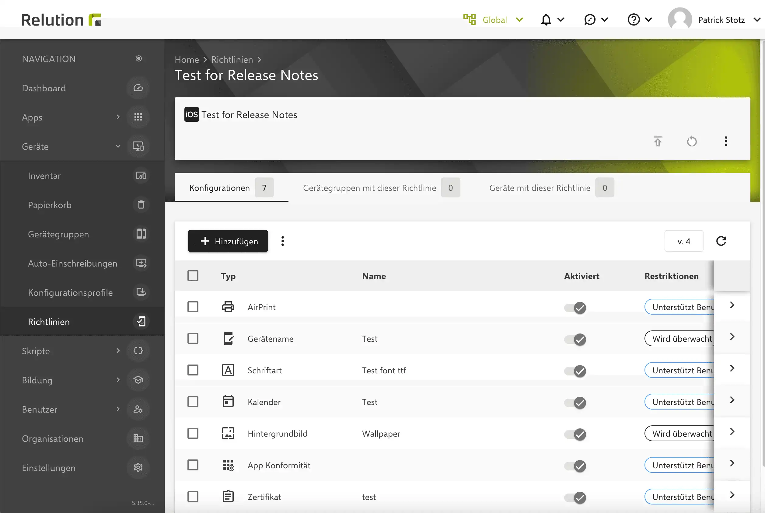 Ein Screenshot aus der Relution App, welcher beispielhaft eine Richtlinieneinstellung und entsprechende Konfigurationen zeigt