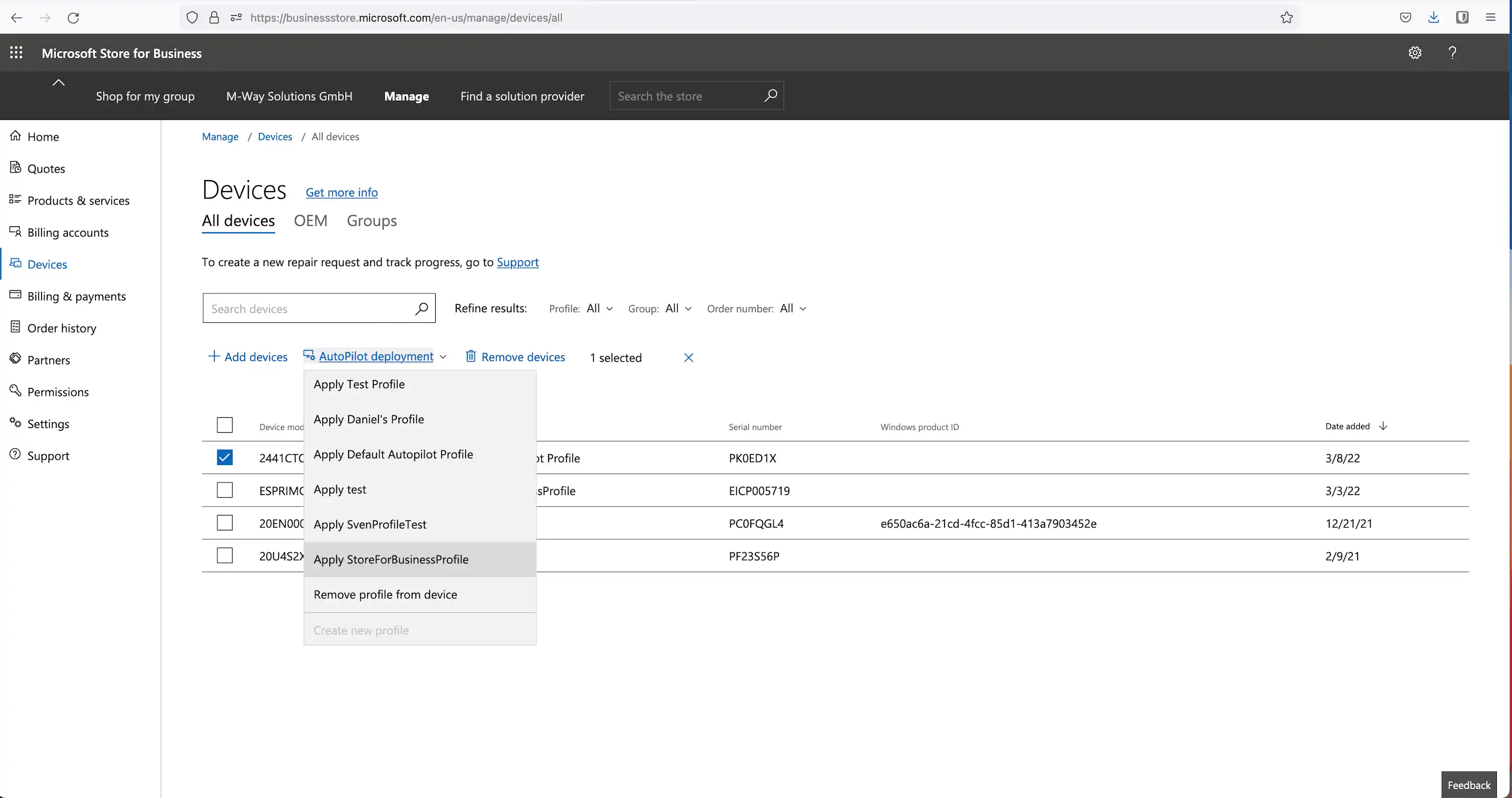 Vista general en Microsoft Azure para preparar la experiencia lista para usar (OOBE) con la opción de aplicar perfiles creados a dispositivos