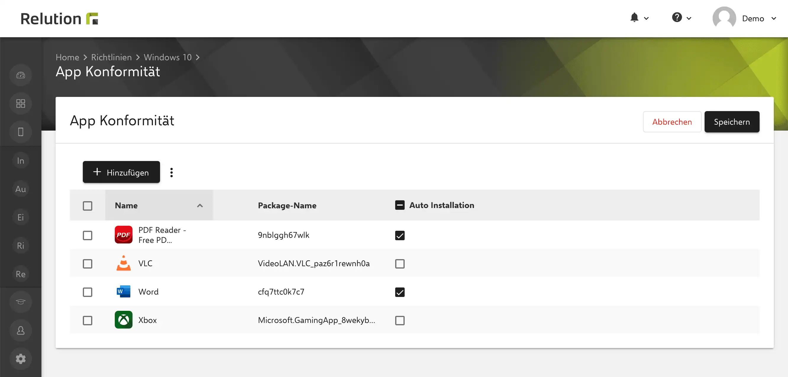 Konfiguration „App Konformität“ in Relution zur Installation erforderlicher Apps auf Windows 10 Geräten, einschließlich der Option „Auto Installation“ für native Apps aus dem Relution App Store und public Apps aus dem Windows Store
