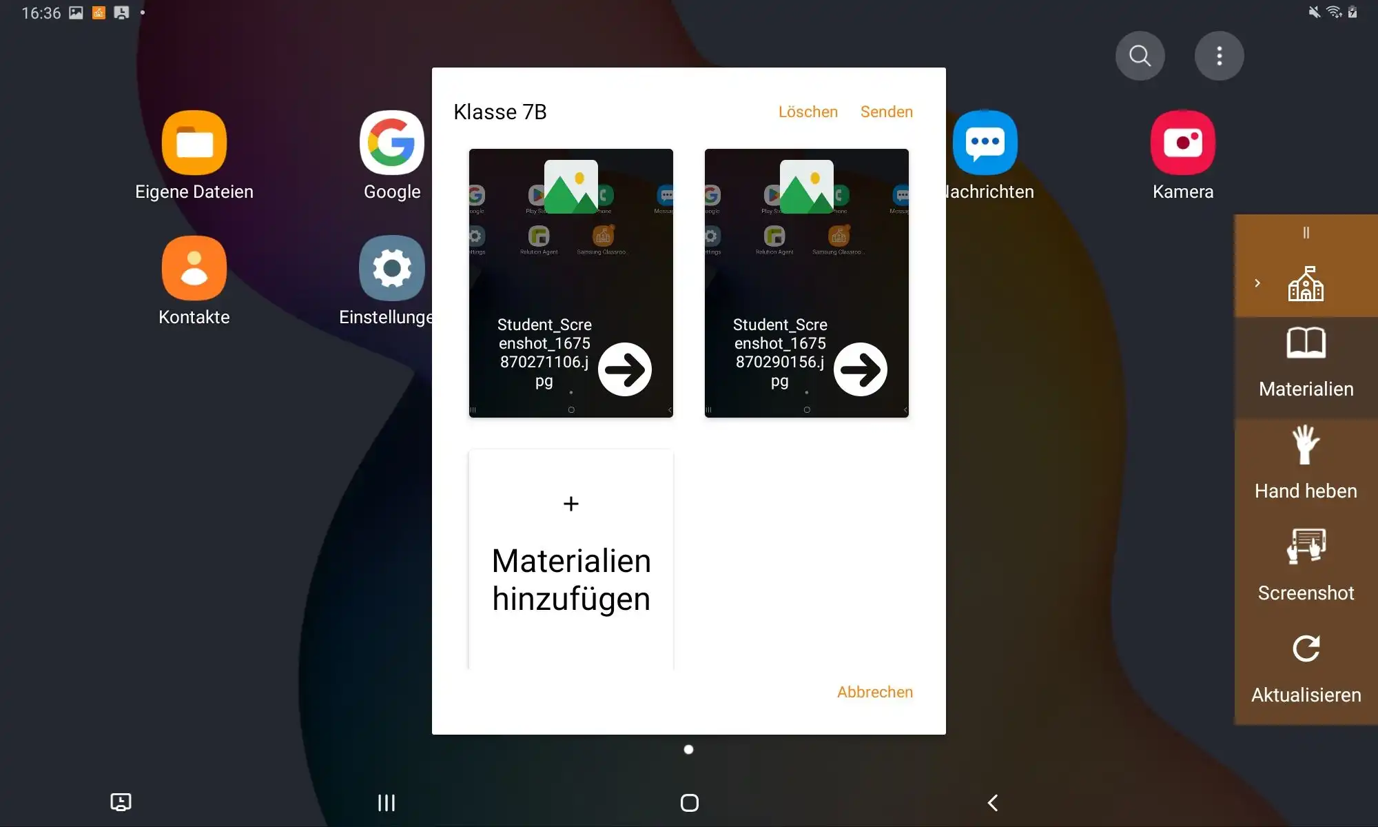 Übersicht beispielhafter Unterrichtsmaterialien in der Samsung Classroom Management App mit Zugriffsmöglichkeiten für Schüler auf benötigte Dateien