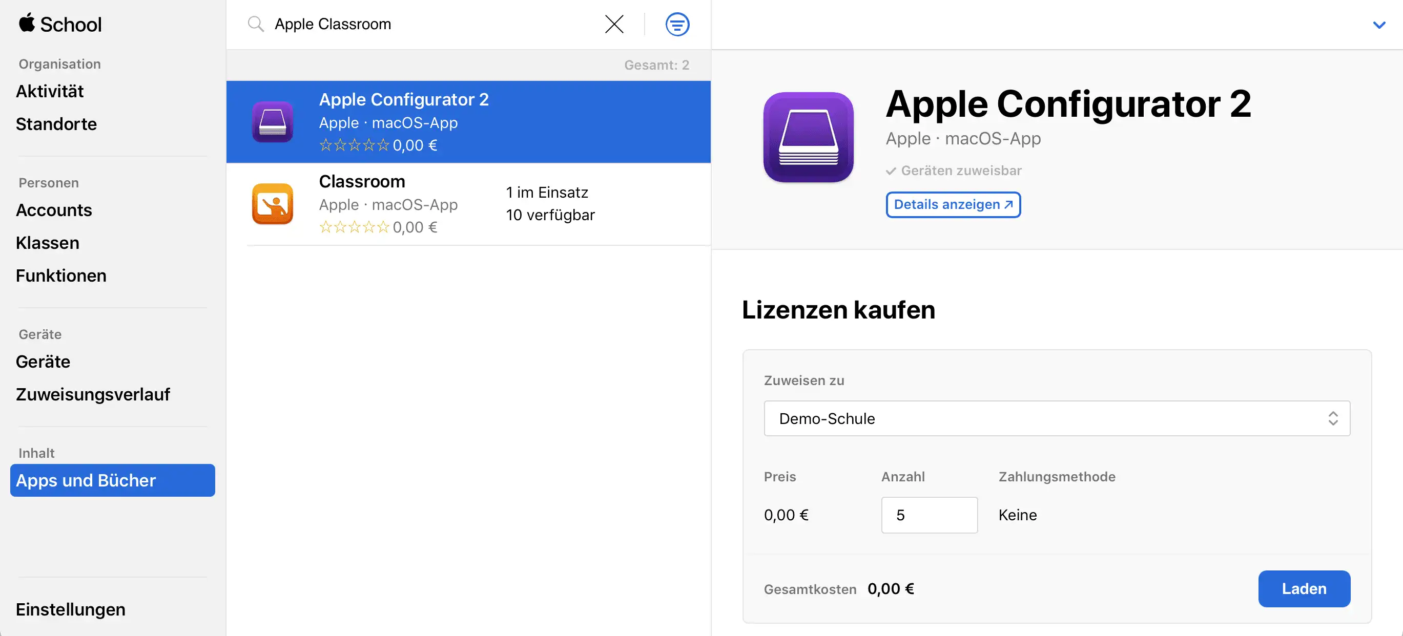 Darstellung im Apple School Manager, die zeigt, wie App-Lizenzen unter „Apps und Bücher“ einem Standort zugewiesen werden können