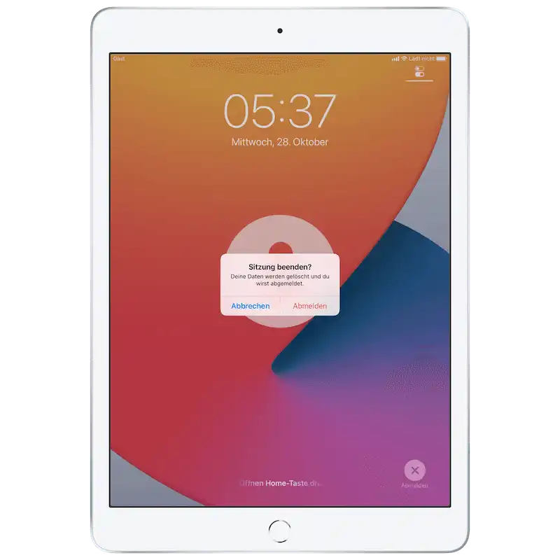 Benachrichtigung auf einem iPad im Gastmodus mit der Frage, ob die Sitzung wirklich beendet werden soll, und dem Hinweis, dass alle Daten nach der Abmeldung gelöscht werden