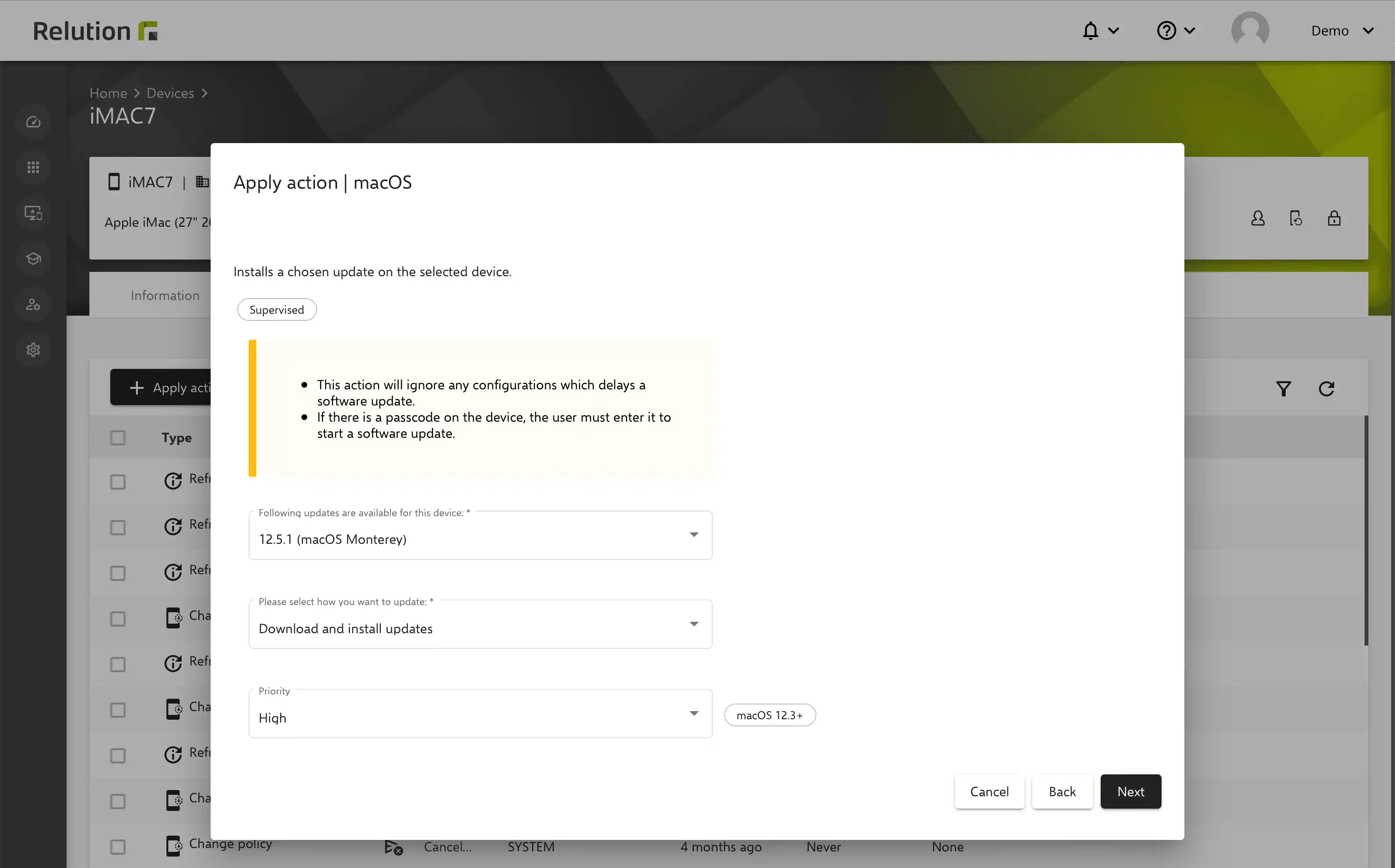 Acción « Instalar actualización » en Relution para actualizar manualmente dispositivos macOS a una nueva versión del sistema operativo