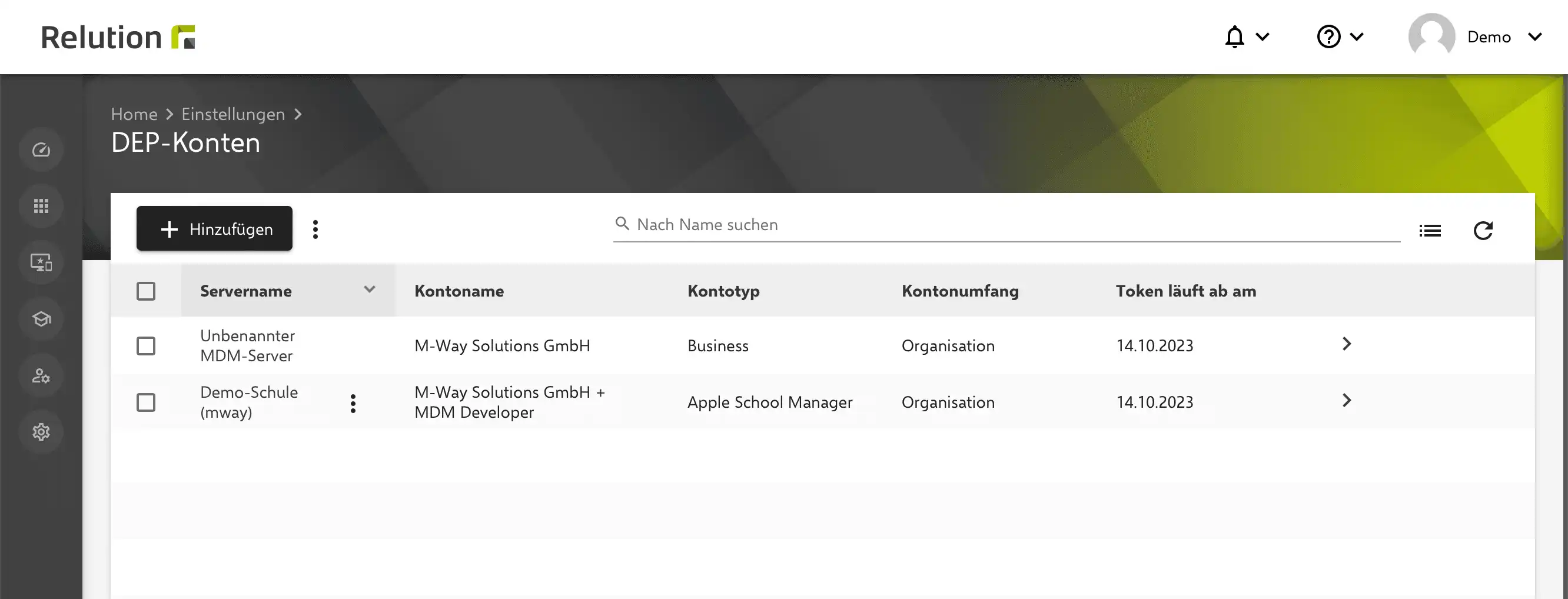Übersicht „Auto-Enrollments“ in Relution mit neuer Spalte zur Anzeige mehrerer DEP-Konten pro Mandant