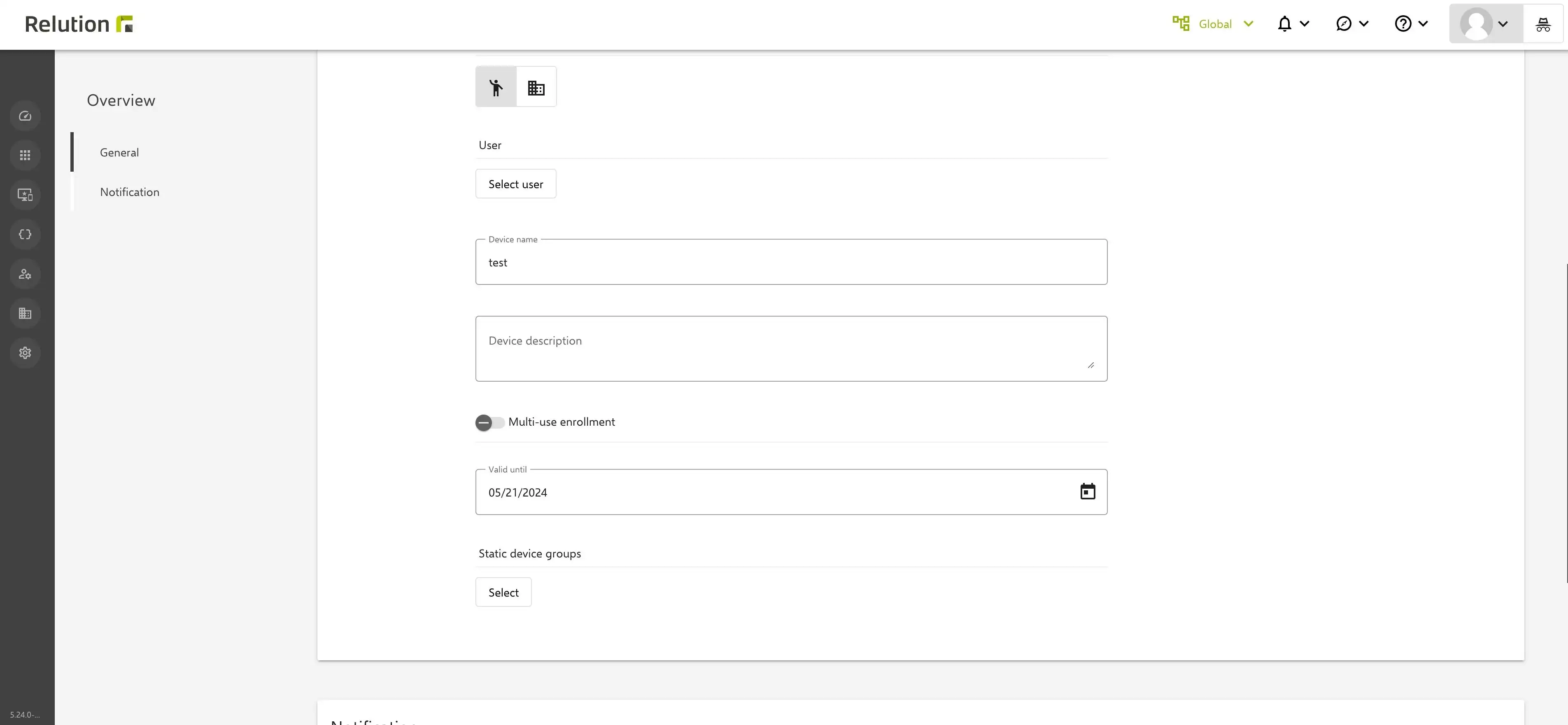 Settings view in Relution showing the option to directly assign a device to a static device group during enrollment for automated management