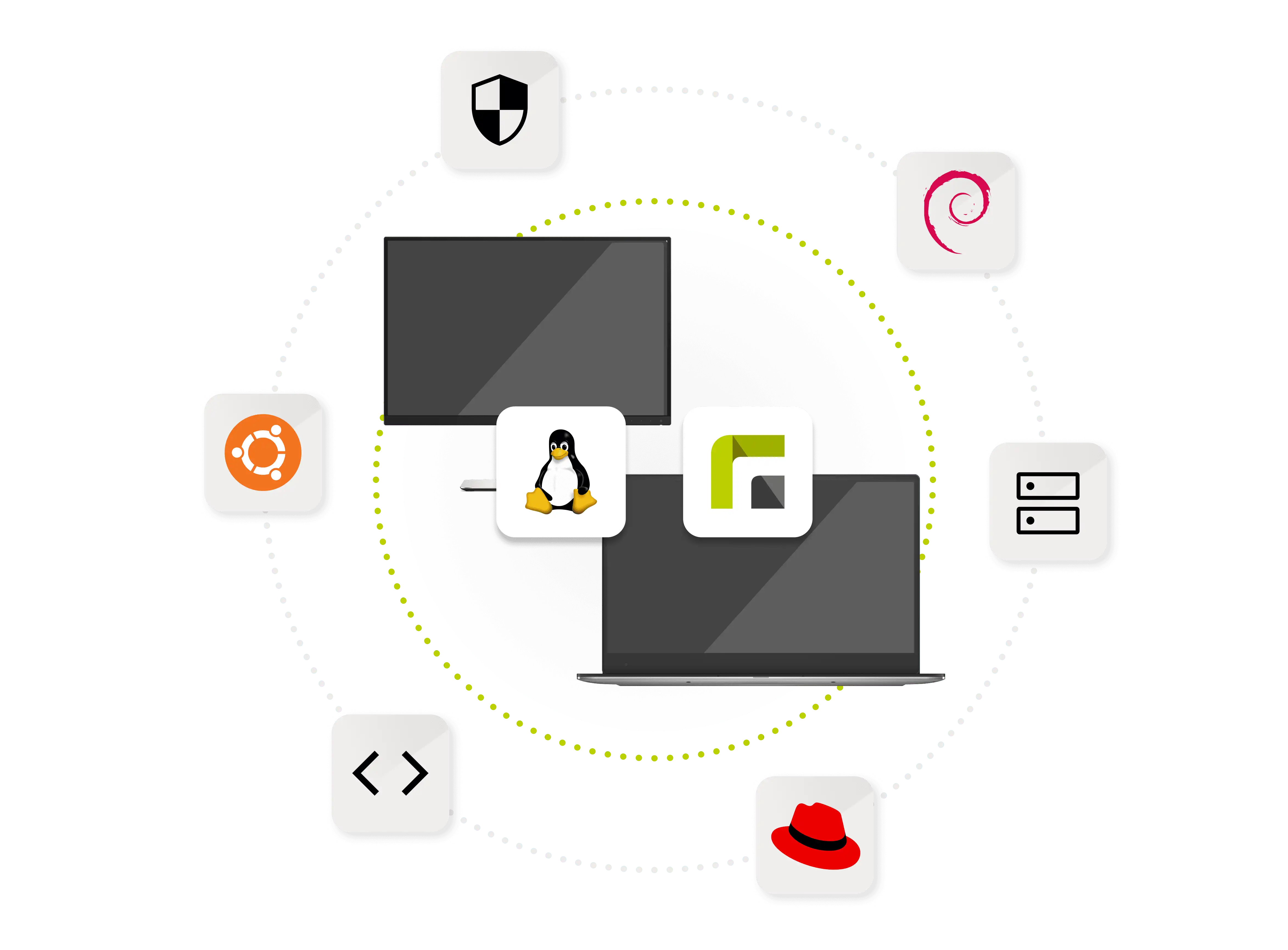 Monitör ve dizüstü bilgisayar; bunların önünde Linux penguen logosu ve Relution logosu; etrafında ise Ubuntu, Debian, Red Hat simgeleri, bir kalkan, bir sunucu ve kod parantezleri yer alıyor.