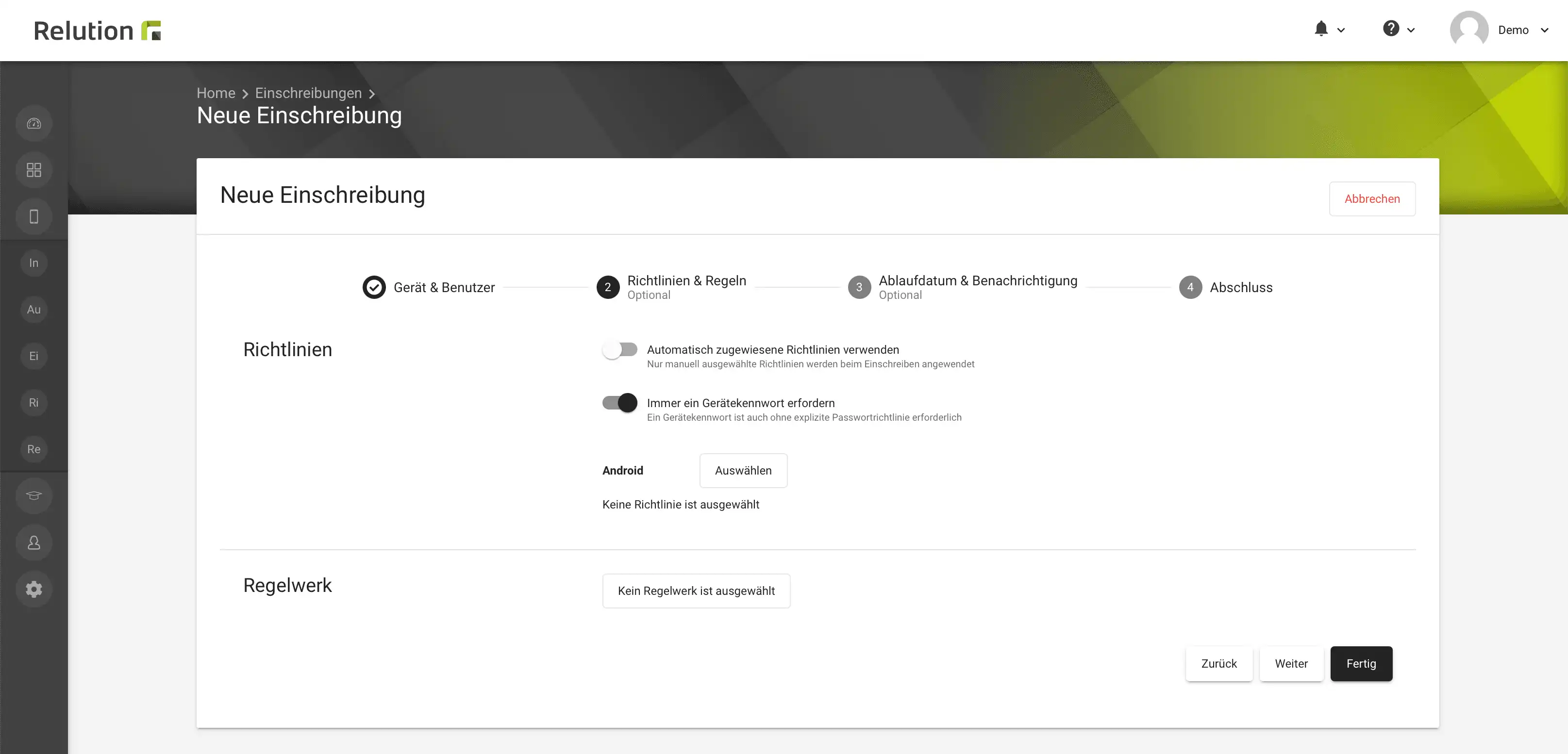 Einschreibungsoption in Relution für Android Enterprise Geräte mit der Möglichkeit, die Passwortanforderung während der Einrichtung zu deaktivieren