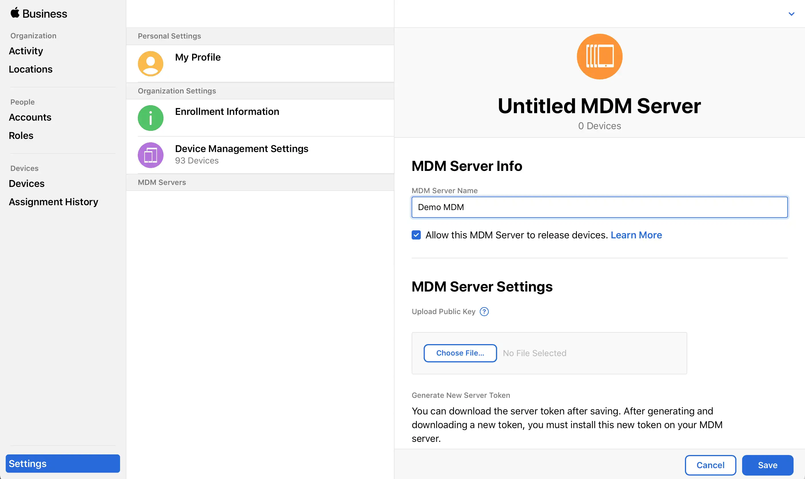 İndirilen bir sertifikayı yükleme ve uygun bir adla yeni bir MDM sunucusu oluşturma seçeneğiyle Apple School Manager görünümü