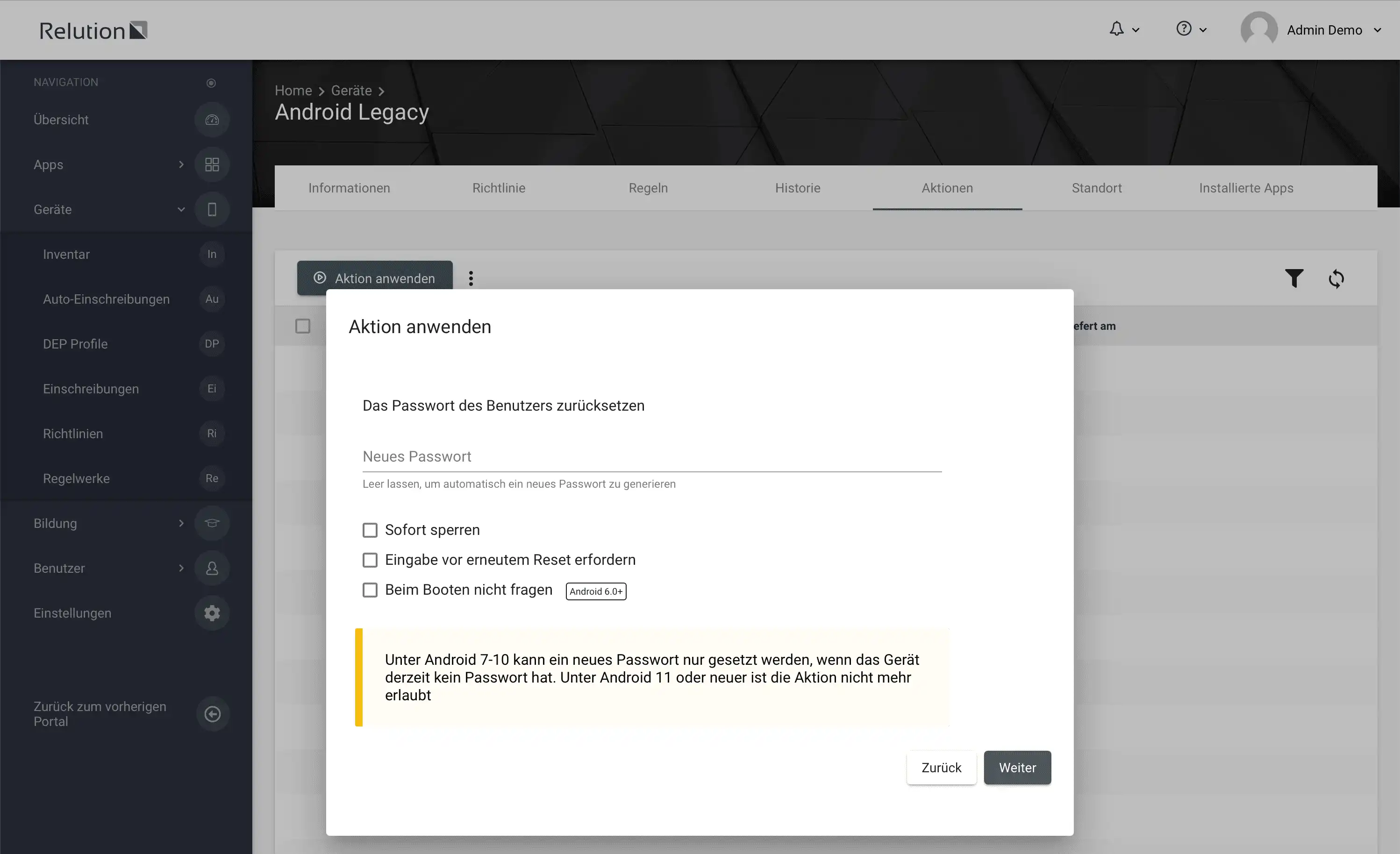 Option „Passwort zurücksetzen“ für Android Legacy Geräte im Relution Portal abhängig von Betriebssystemversion