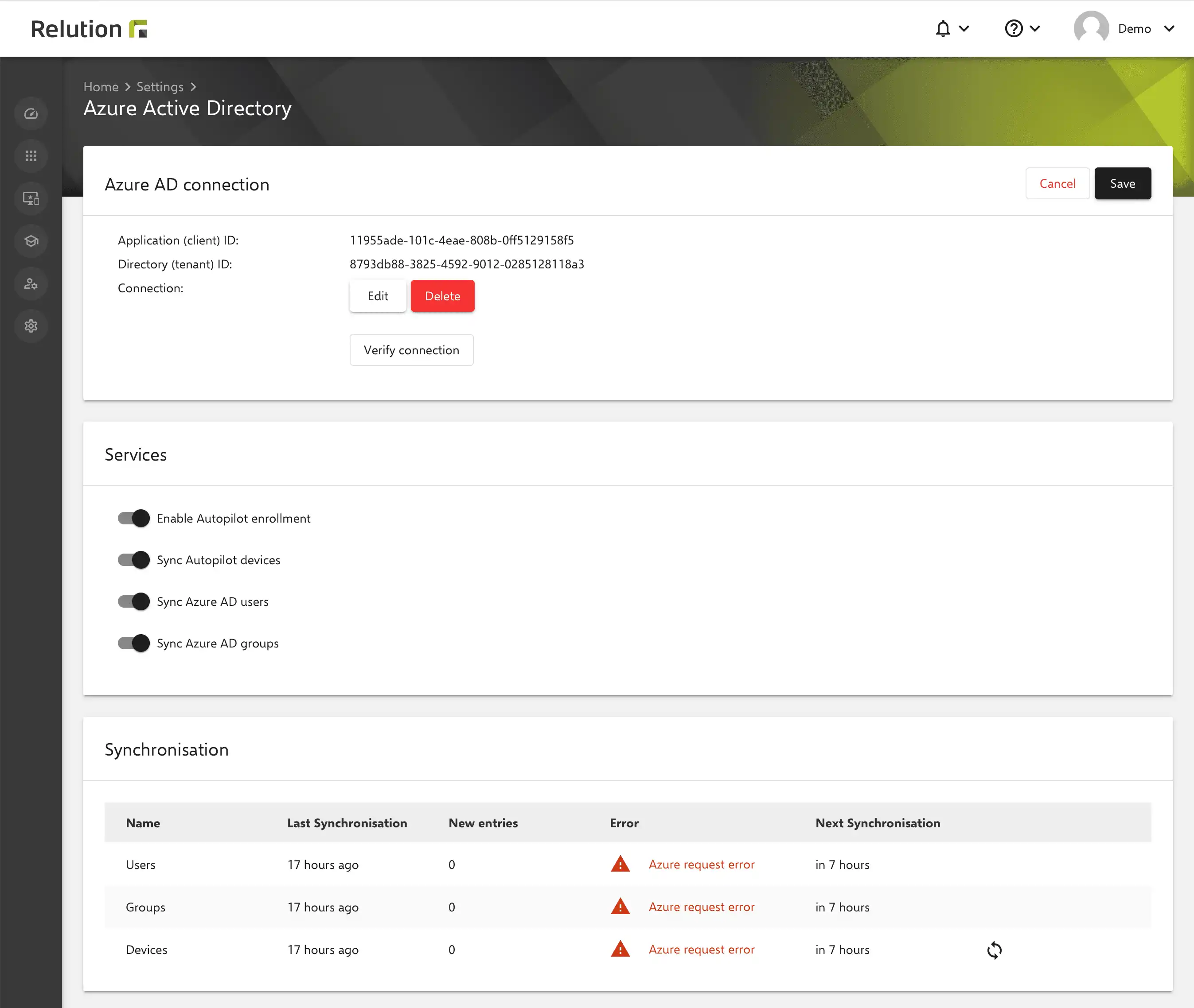 Riepilogo dei risultati della sincronizzazione di Azure AD in Relution con visualizzazione degli errori e opzioni per modificare la configurazione