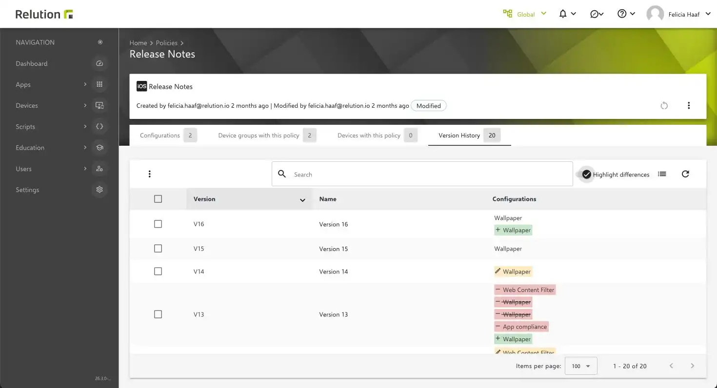 Screenshot of the Relution “Release Notes” interface showing a policy’s version history and highlighting the changes made in each version.
