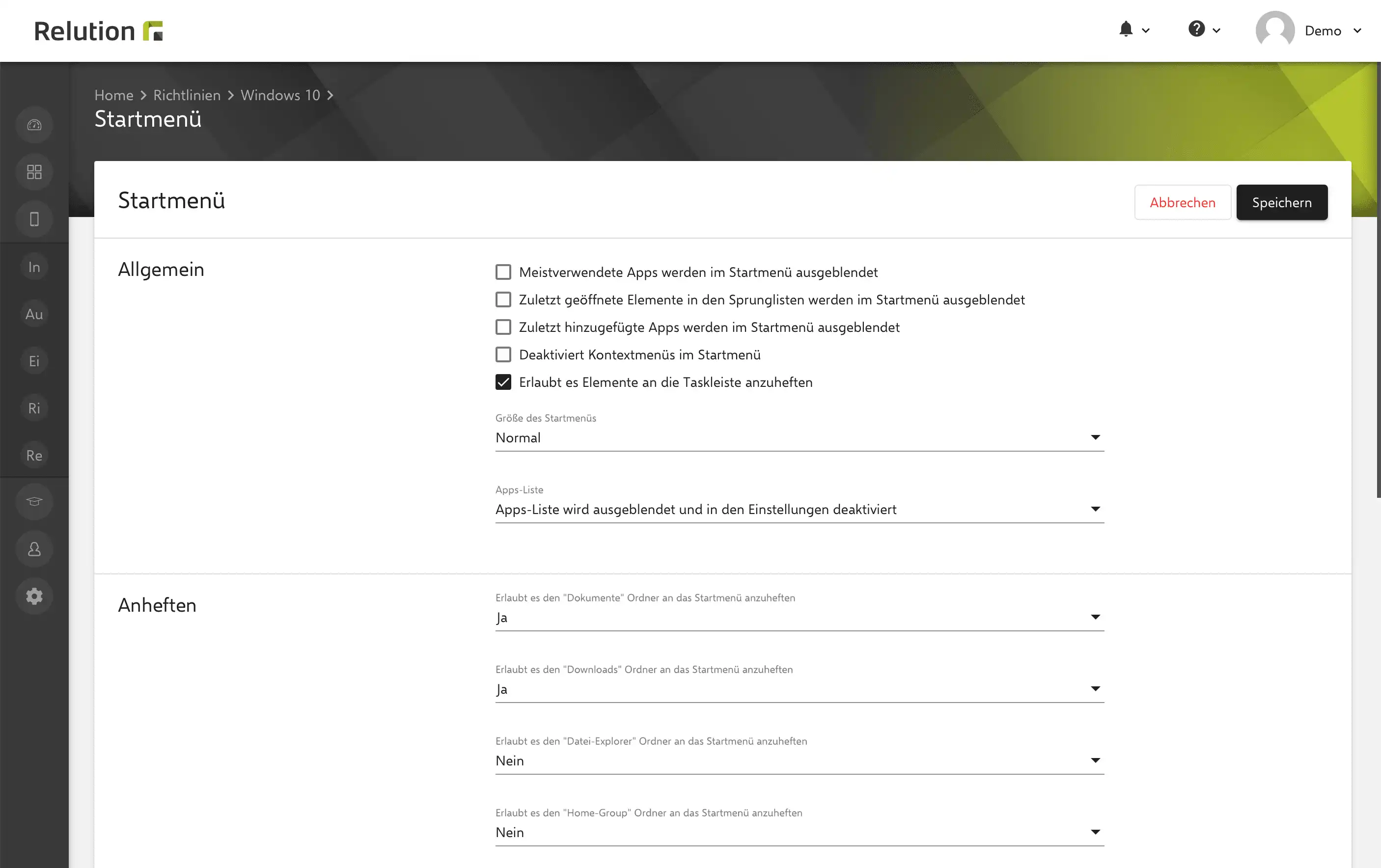 Personalisierungsoptionen in der Relution „Startmenü“-Konfiguration zur Anpassung des Startmenüs auf Windows 10 Geräten, einschließlich der Möglichkeit, Apps, Ordner und Schaltflächen zu konfigurieren