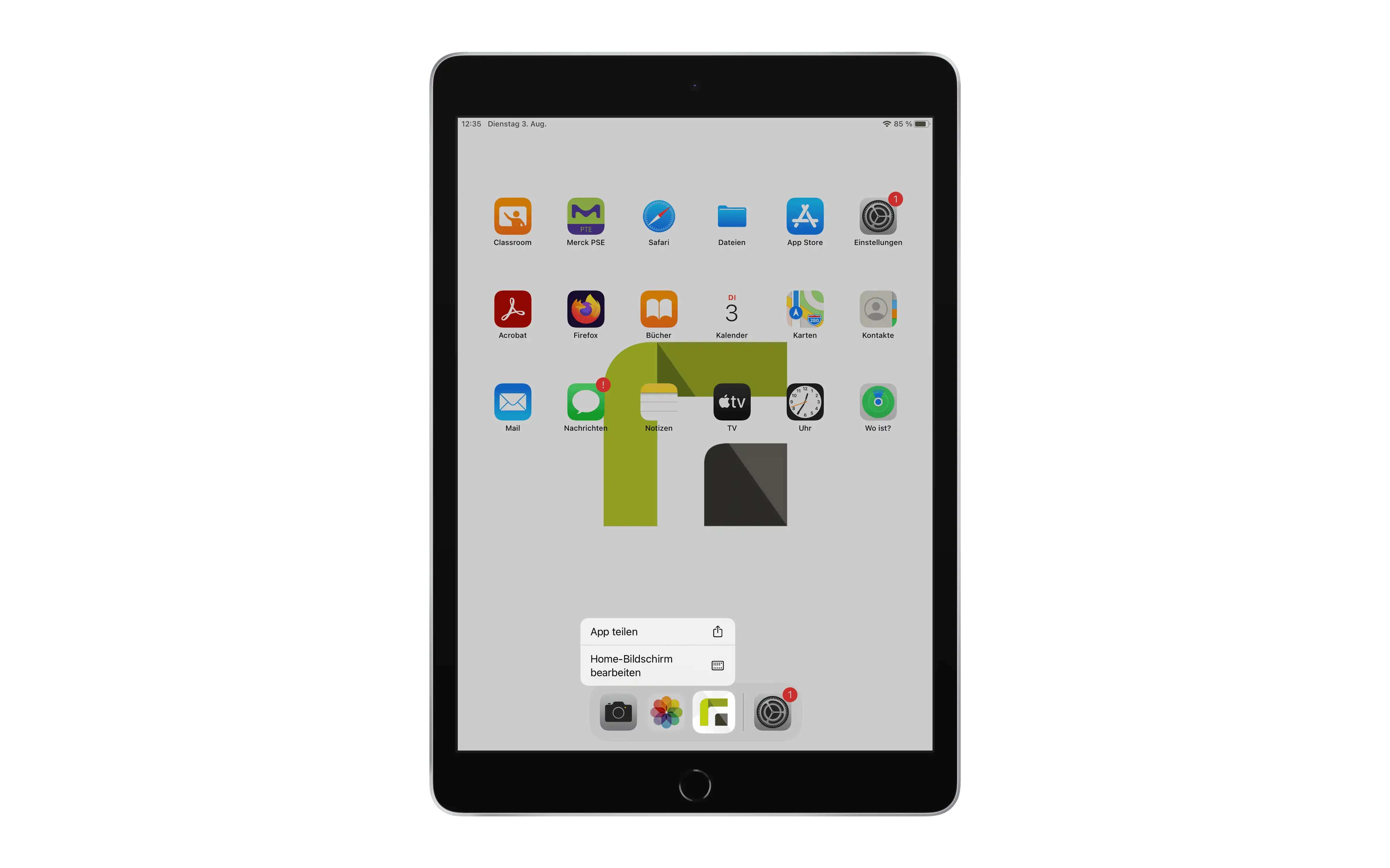 Homescreen Layout auf einem iOS-Gerät mit deaktivierter Möglichkeit zur manuellen Änderung und nicht funktionsfähigem „Home-Bildschirm bearbeiten“-Dialog