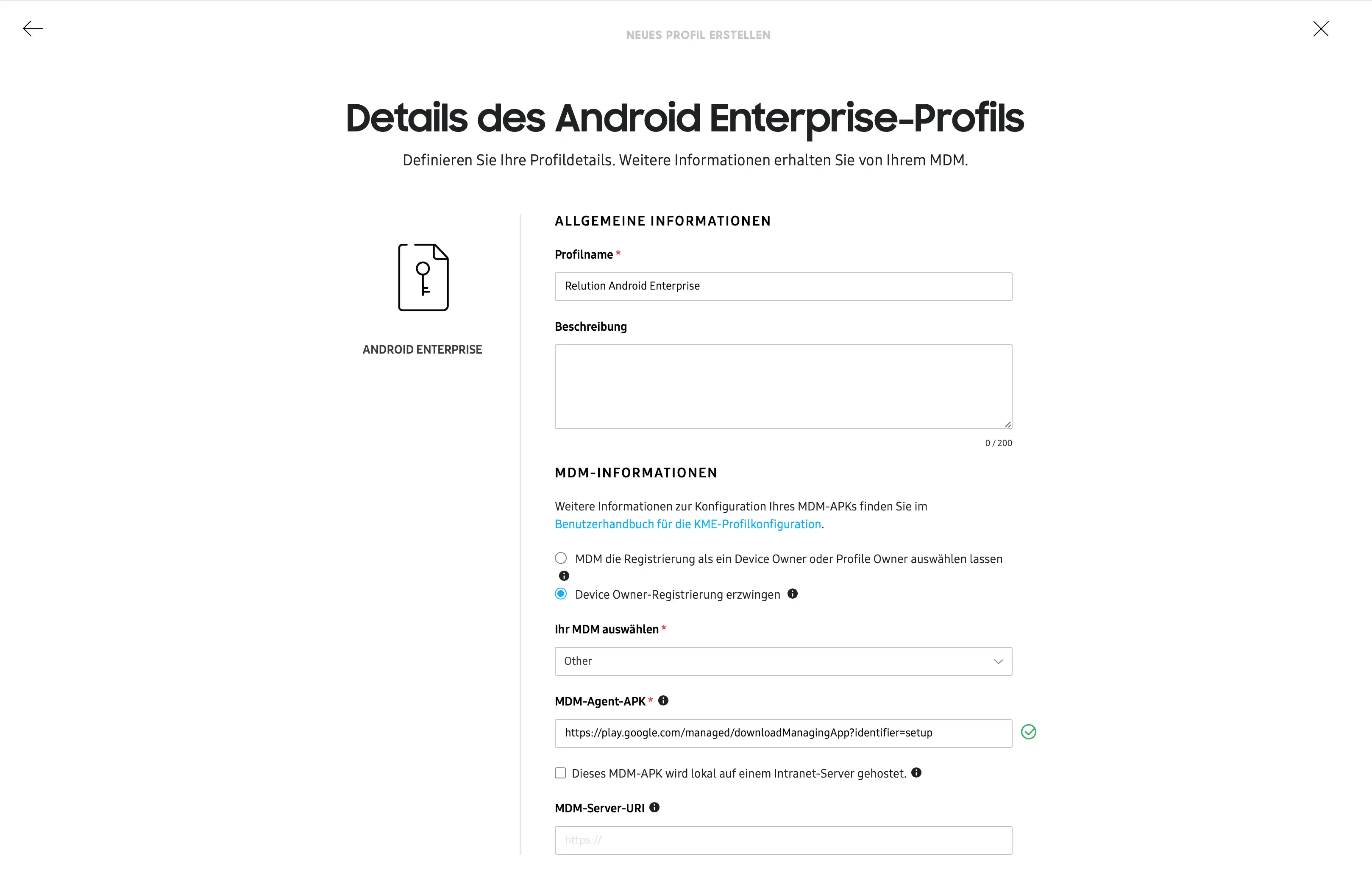 Einstellungen im KME-Portal für ein MDM-Profil mit der Option „Device Owner-Registrierung erzwingen“ und der Wahl des MDM-Systems „Other“ inkl. Einfügen der Standard APK für Android Enterprise