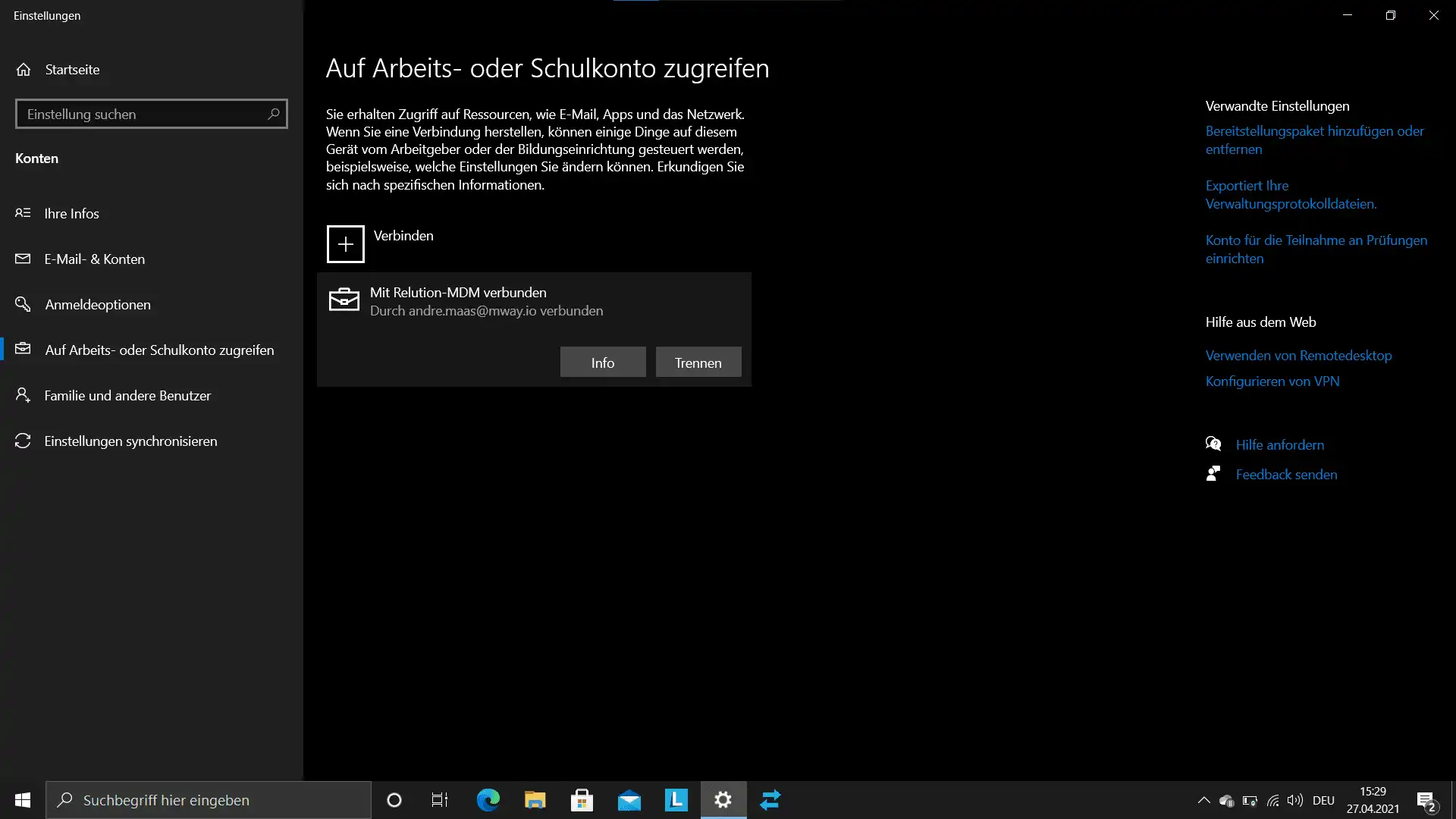 Windows-Einstellungen mit dem Bereich „Auf Arbeits- oder Schulkonto zugreifen“ und der Anzeige „Mit Relution-MDM verbunden“
