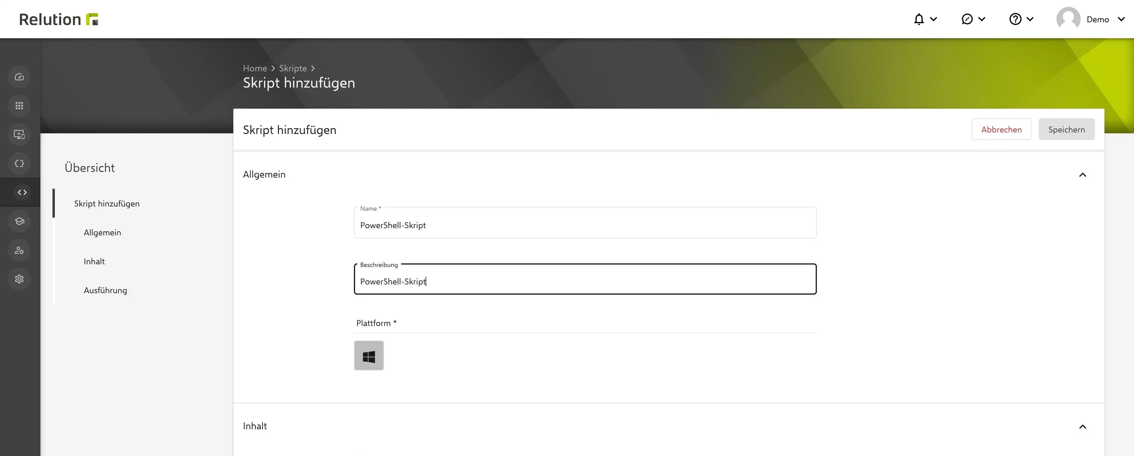Ansicht des Bereichs „Skripte“ in der Menüleiste von Relution, mit der Möglichkeit, PowerShell-Skripte zu importieren und zu verwalten