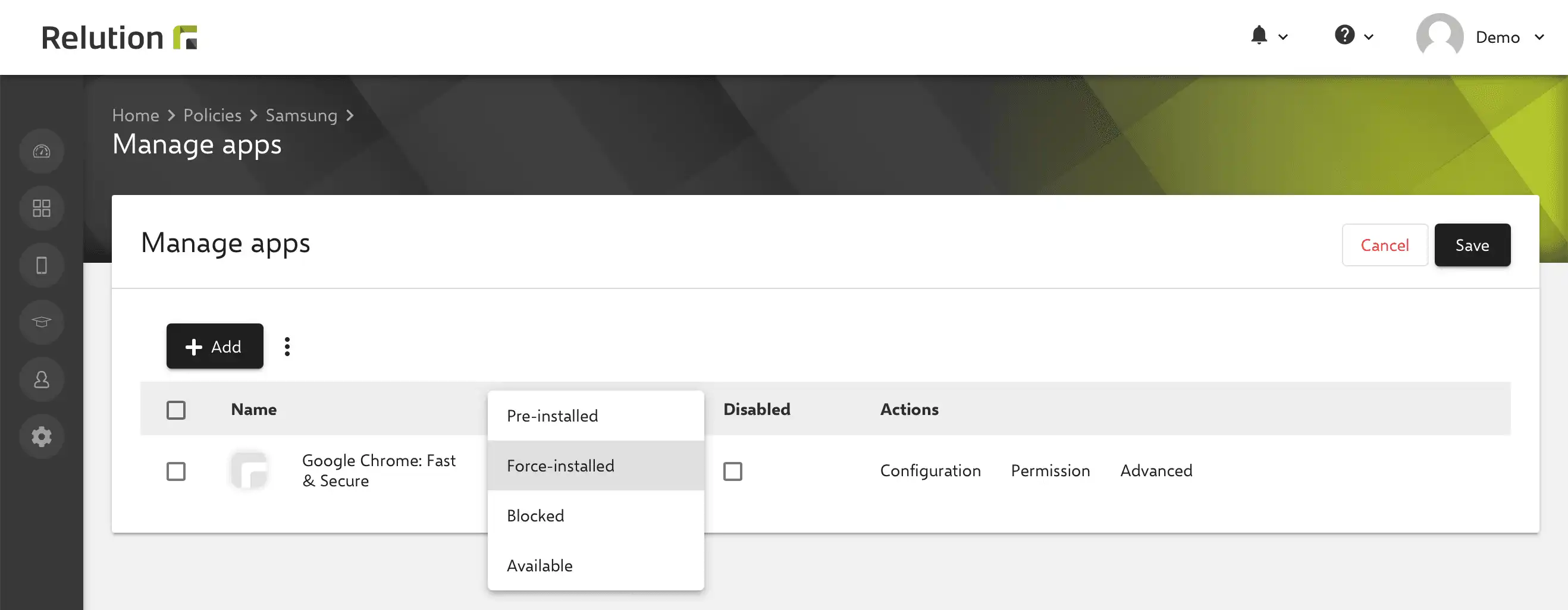 Vue d'ensemble des paramètres de priorité dans Relution pour les types d'installation d'applications à travers plusieurs politiques, en appliquant la restriction la plus stricte et en résolvant les ambiguïtés sur la base de la hiérarchie des politiques