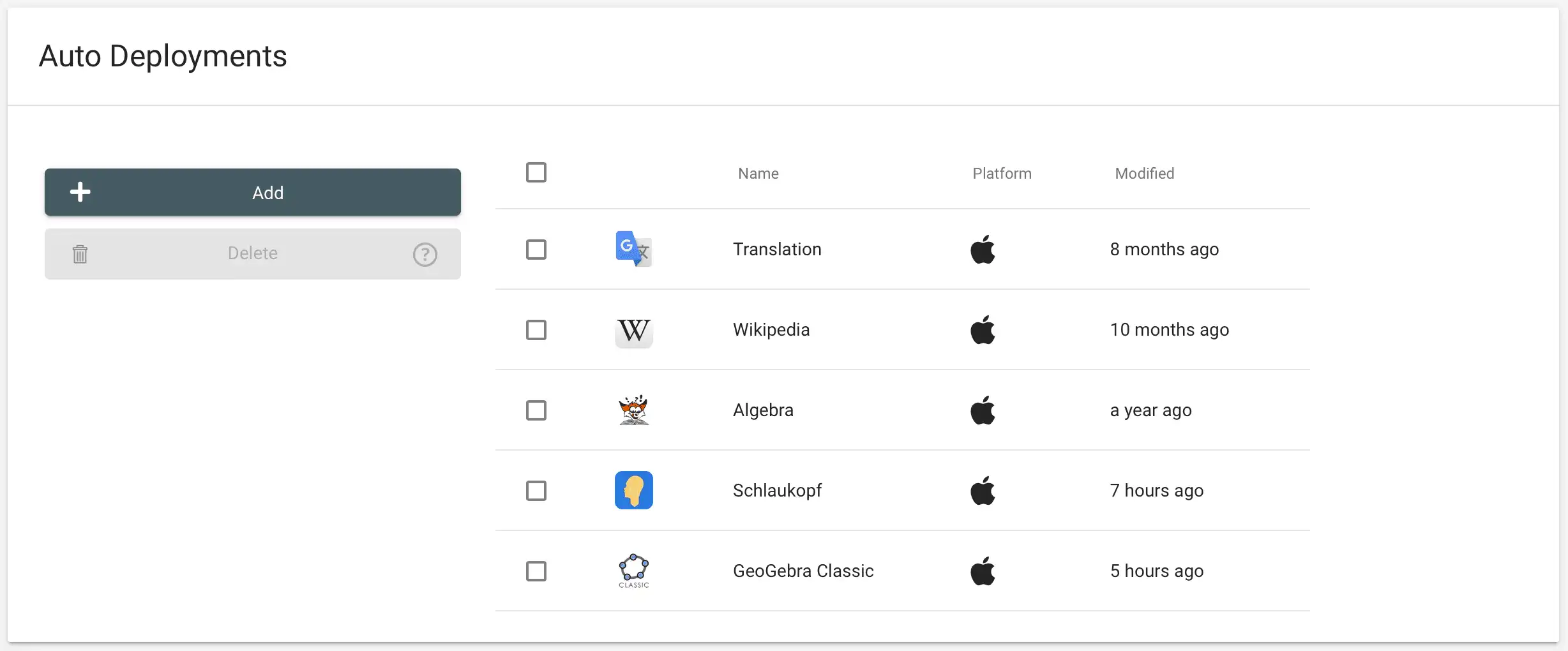 Interfaccia Relution con la possibilità di assegnare app specifiche per utente tramite distribuzioni automatiche, che vengono installate automaticamente sui dispositivi Apple al momento dell’accesso con un ID Apple gestito