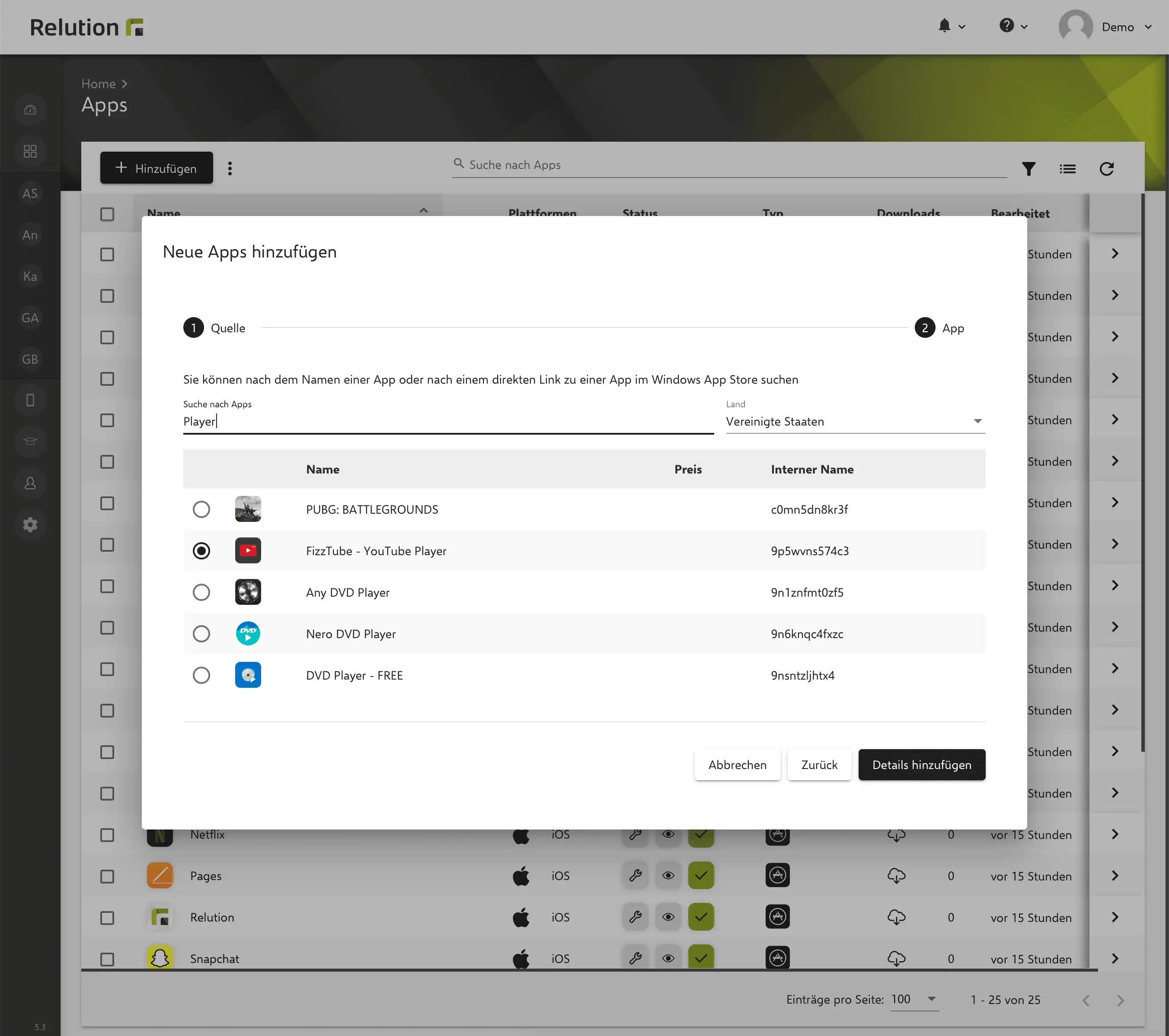Suchleiste im Relution App Store zur Filterung von öffentlichen Apps aus dem Windows App Store