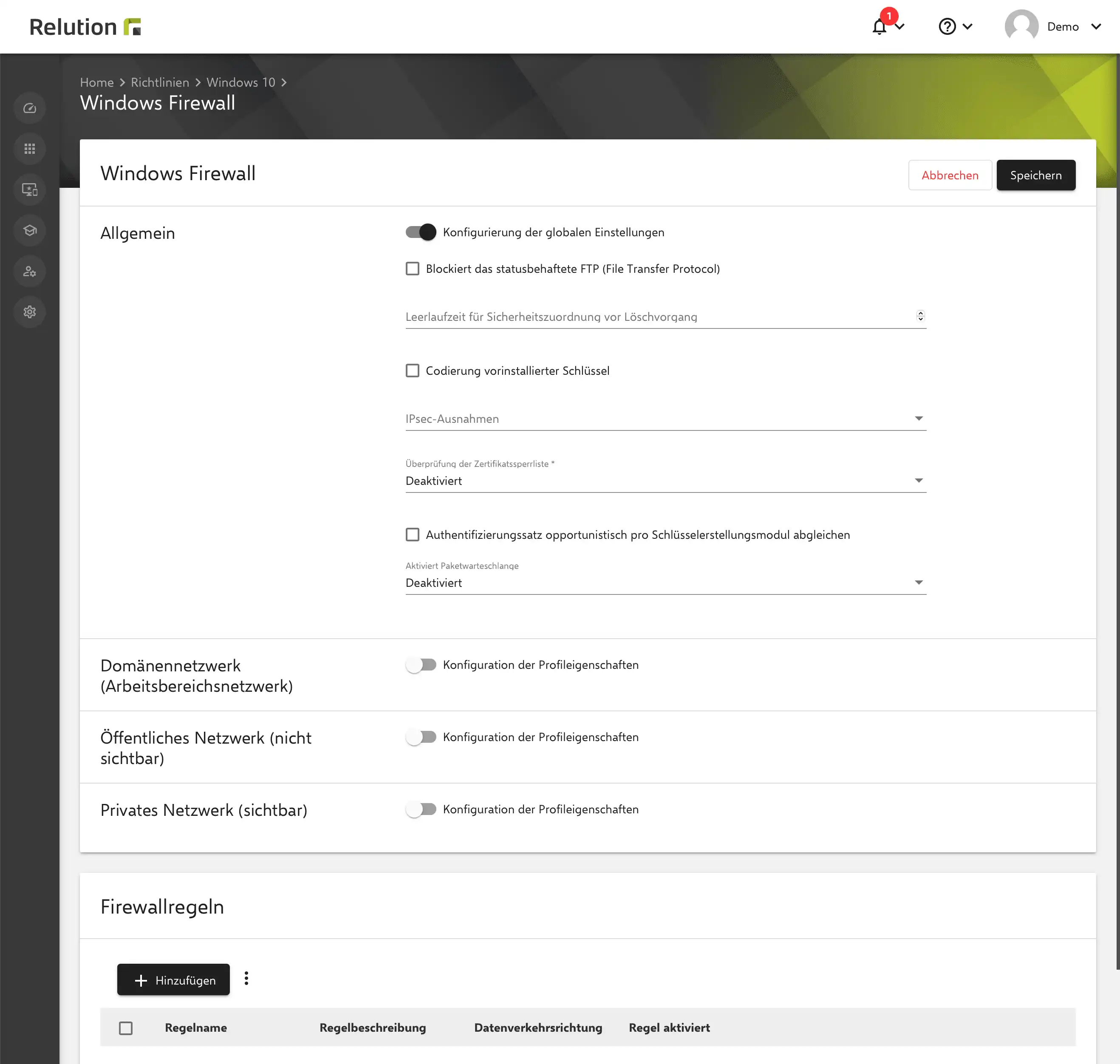 Vorkonfiguration der Windows Firewall in Relution zum Schutz von Computern und Datenverkehr vor externen Angriffen