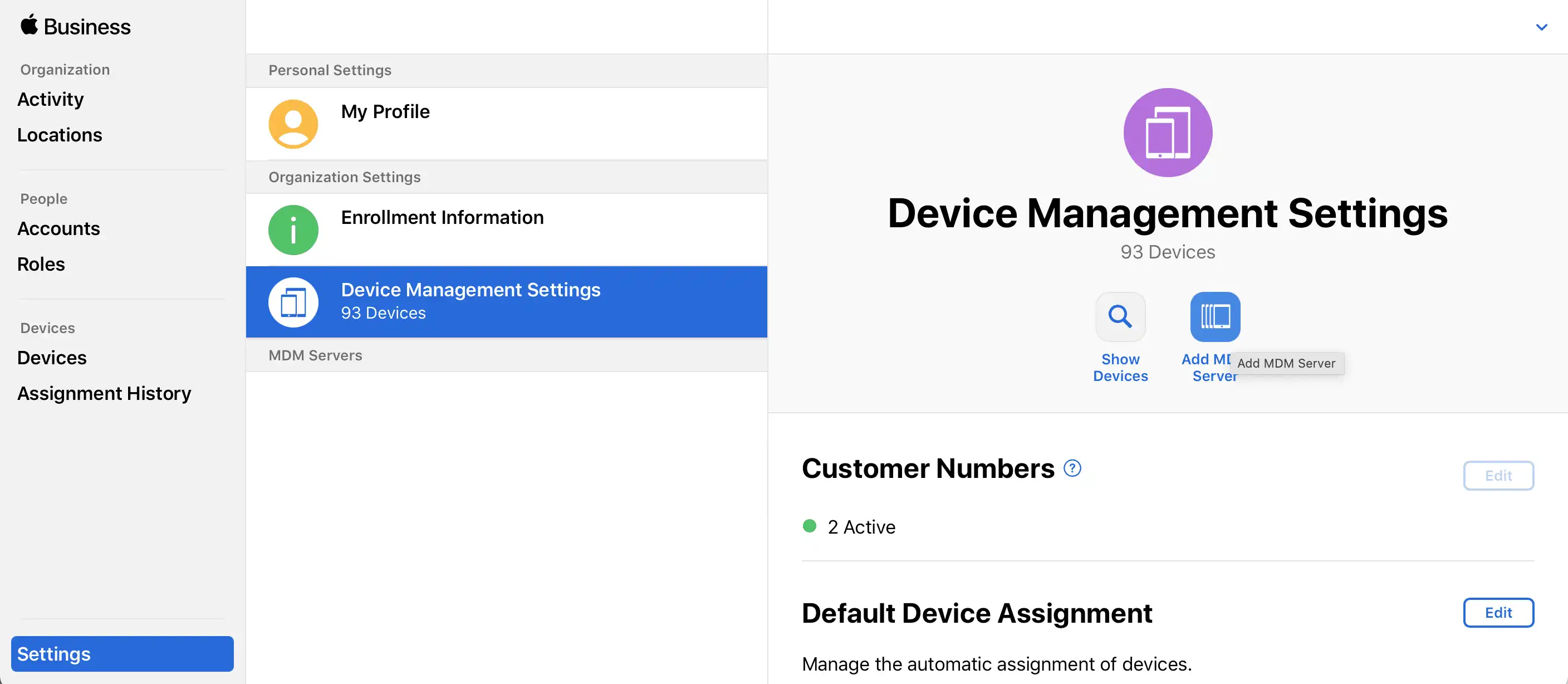 Apple School Manager’da cihaz yönetimi ayarları ve yeni bir MDM sunucusu oluşturma seçeneğiyle görünüm