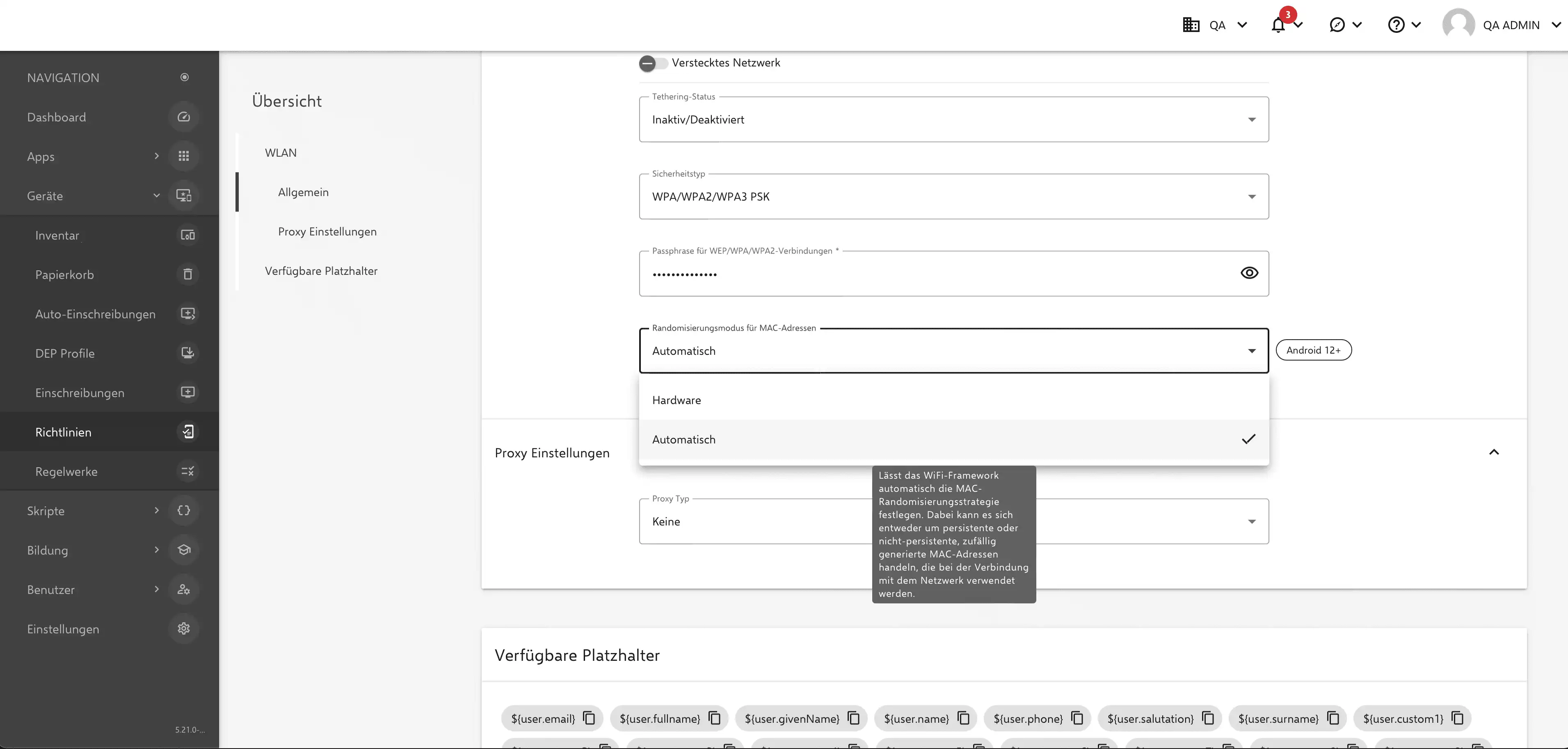 Einstellung zur Konfiguration des Randomisierungsmodus für MAC-Adressen in Relution WLAN-Richtlinien für Android Enterprise Geräte ab Version 12
