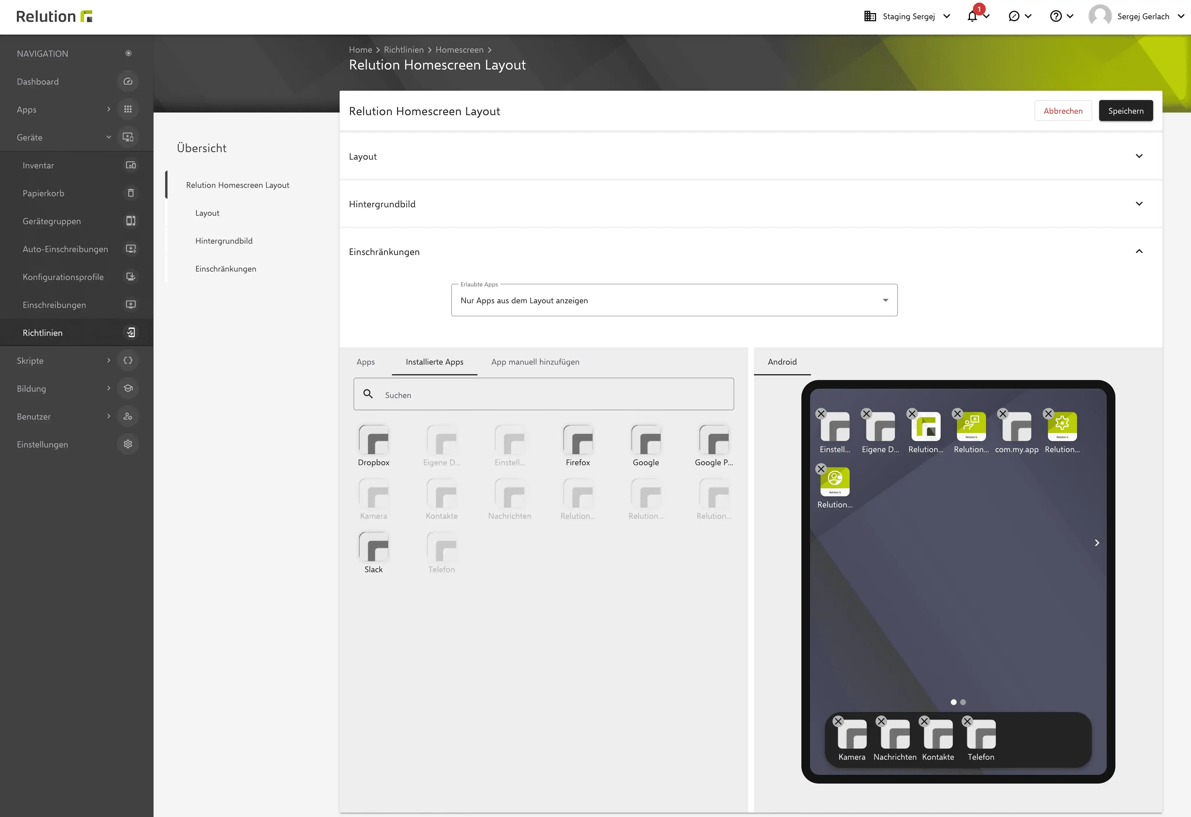 Konfigurationsansicht in Relution zur Anpassung des Homescreen Layouts für Android Enterprise mit Drag-and-Drop-Funktion und der Option, Apps über ihren Package-Namen hinzuzufügen