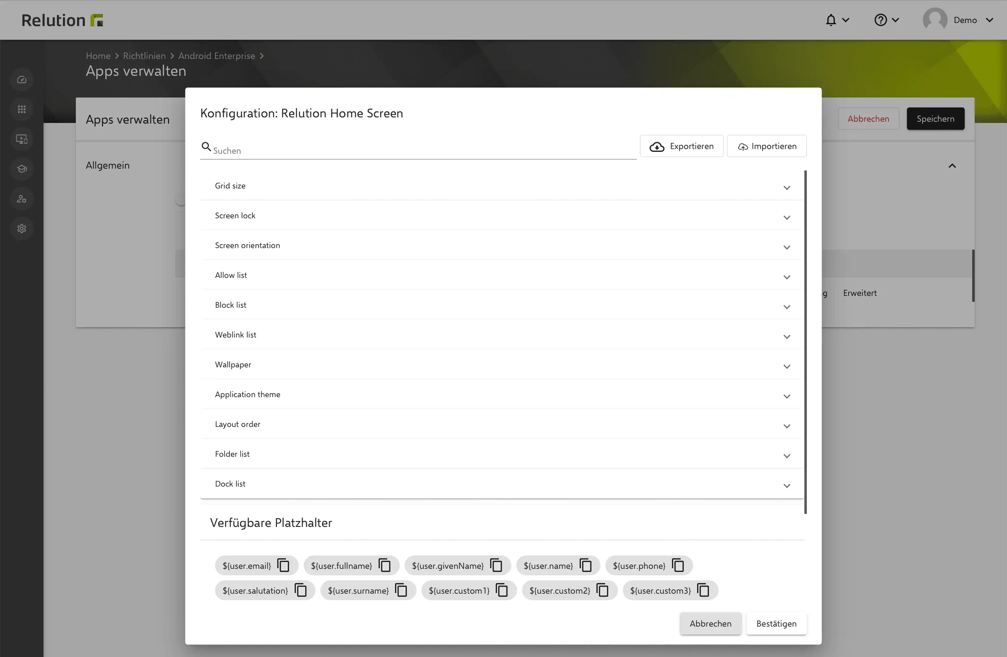Screenshot der Relution Konfigurationsansicht für Android Enterprise-Geräte mit der Option, den Homescreen über die Funktion „Apps verwalten“ anzupassen, einschließlich Layout, Hintergrund und Einschränkungen