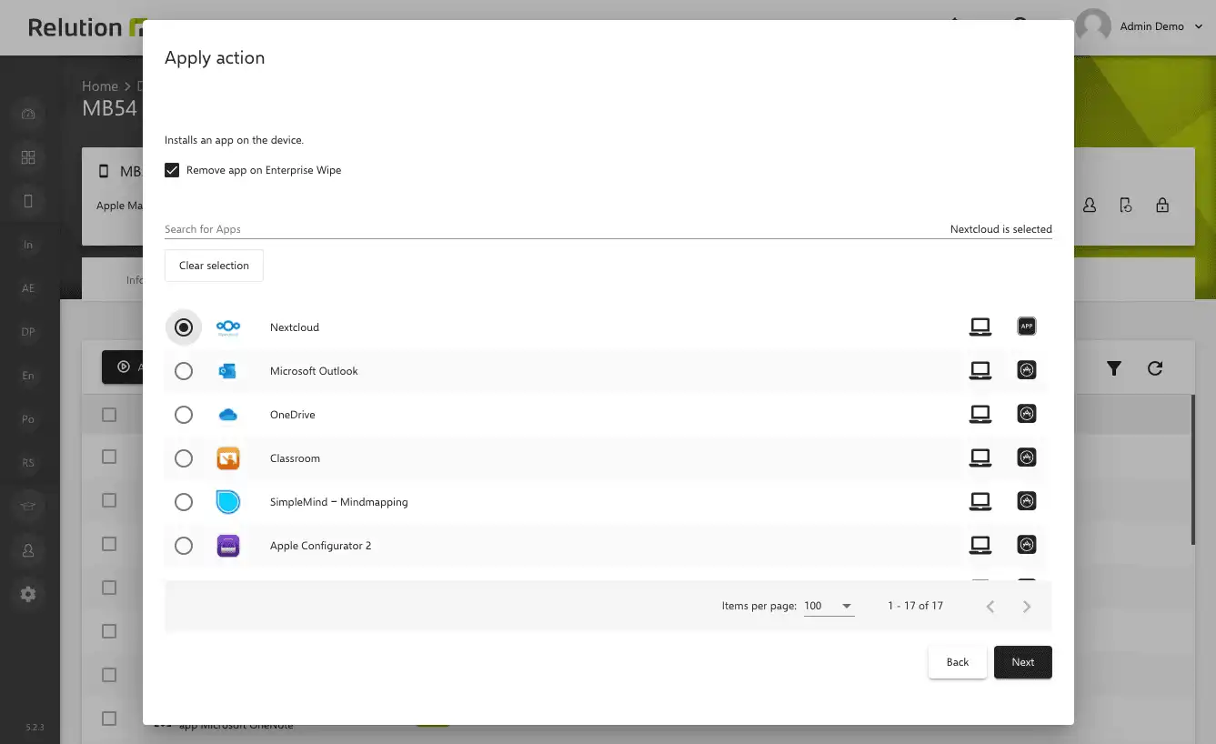 Configuration view in Relution for centralized installation of .pkg files and apps from the Apple App Store