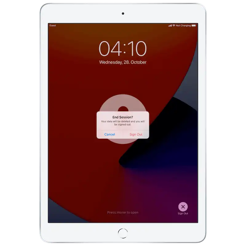 Notifica su un iPad in modalità ospite che chiede se la sessione deve davvero essere terminata, con un messaggio che indica che tutti i dati saranno eliminati alla disconnessione
