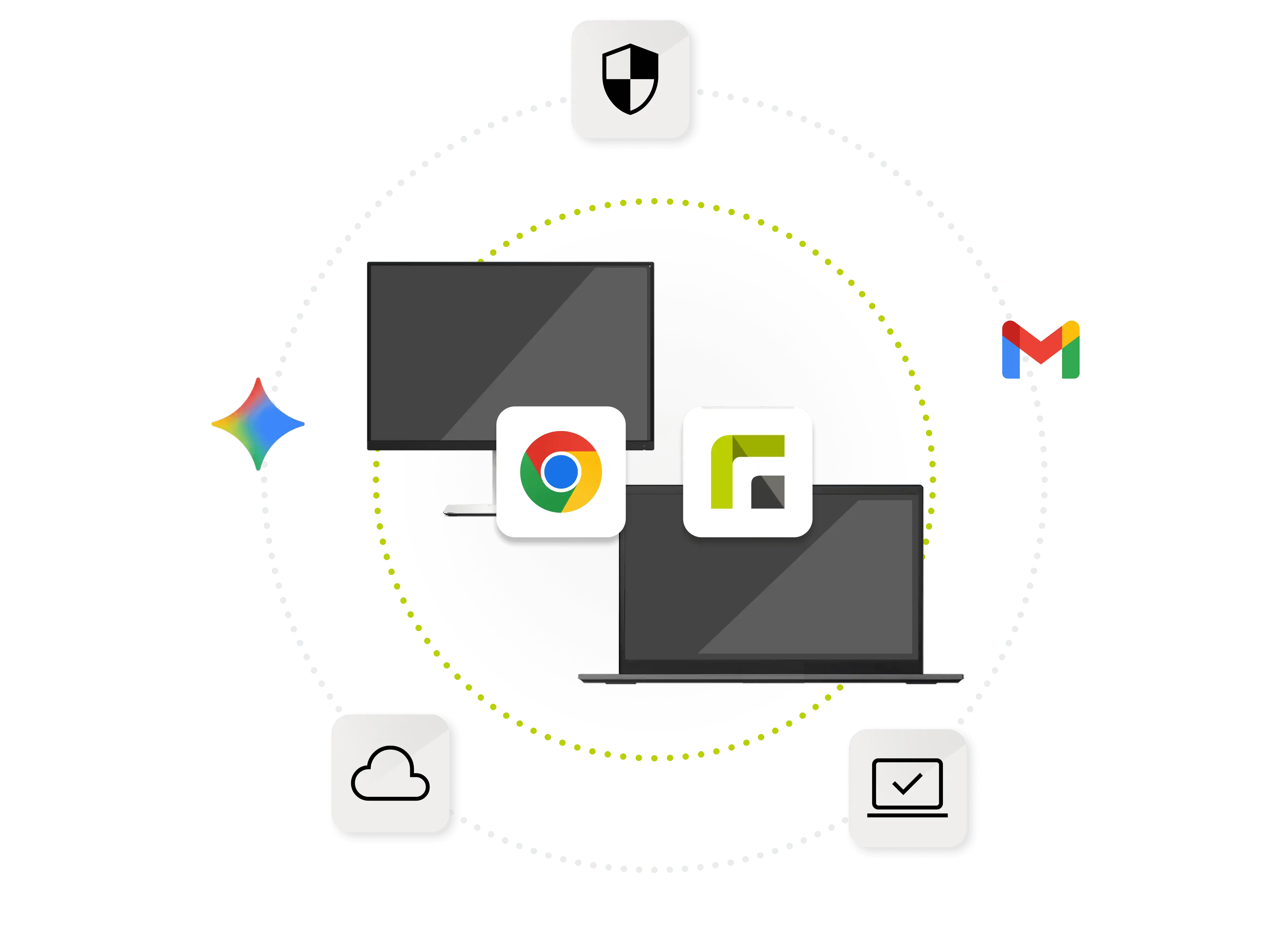 Illustration eines Monitors und eines Laptops mit Chrome- und Relution-Logo, umgeben von verschiedenen Google-Diensten und Funktionssymbolen