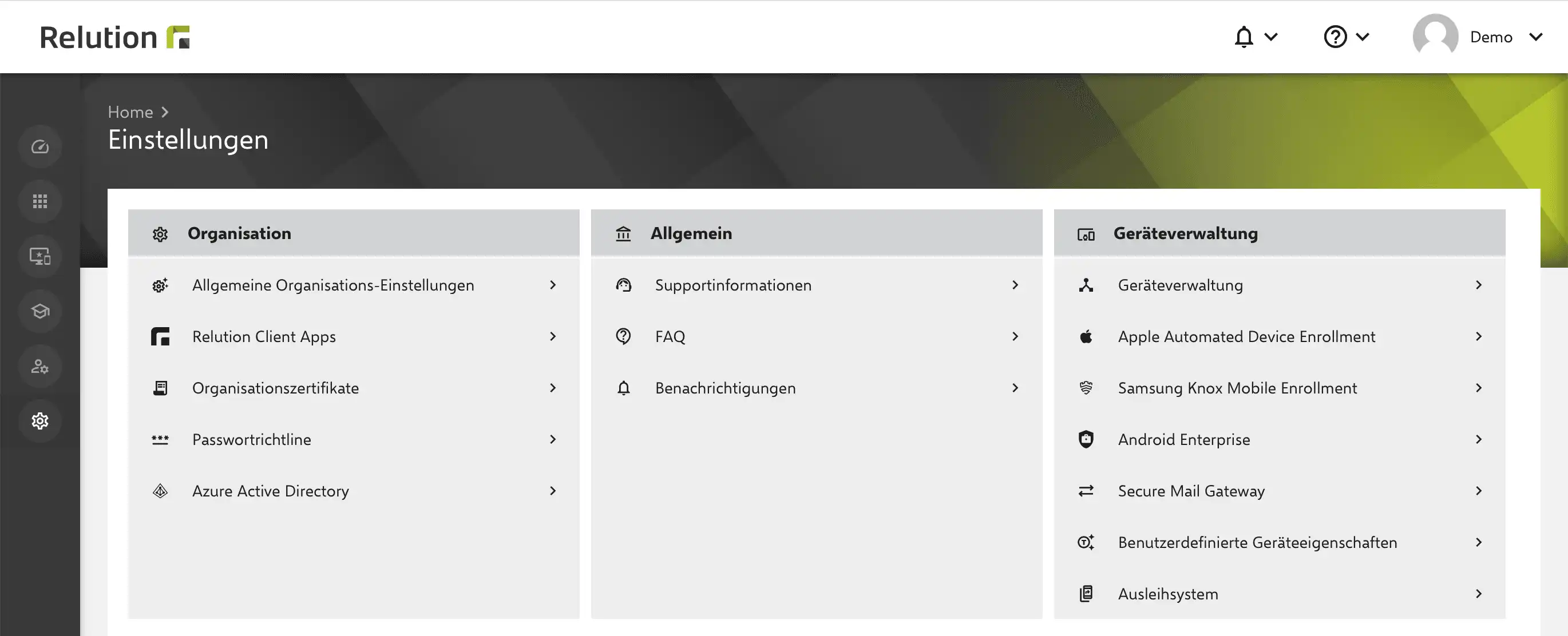 Einstellungsbereich in Relution unter „Organisation“ mit Anleitung zur Einrichtung und Verknüpfung von Azure AD für die Nutzung von Windows Autopilot